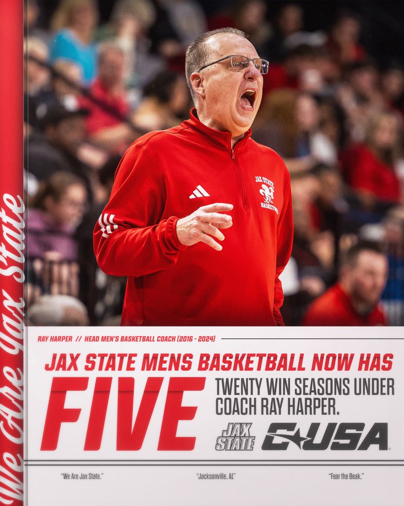 JaxStateMBB's tweet image. 2️⃣0️⃣ x 5️⃣
For the FIFTH time in nine seasons, Ray Harper has led Jax State to a 20 win campaign ‼️
#StayCocky 🐔 | #FearTheBeak 👌