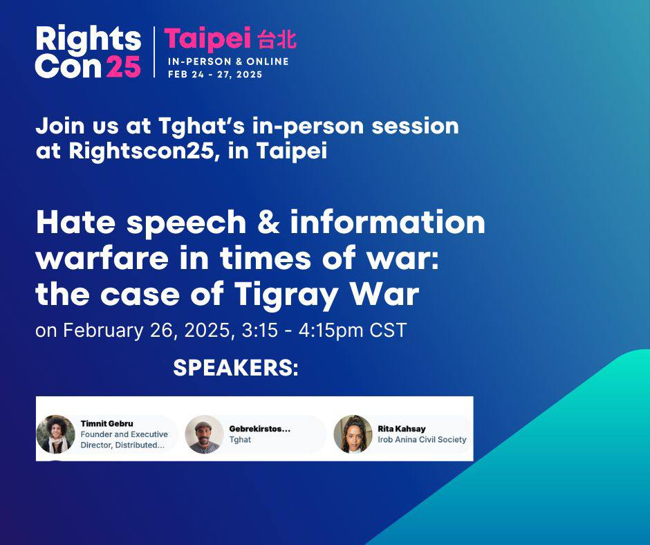 Irob Anina Civil Society (IACS) (@irobanina) on Twitter photo At RightsCon, Irob Anina joined a powerful panel discussion on how hate speech fuels violence against civilians. Speakers, including <a href="/timnitGebru/">@timnitGebru (@dair-community.social/bsky.social)</a> (DAIR), Gebrekirstos (Tghat), and Asmelash (Lesan AI), examined the impact of the longest consecutive internet blackout in history—730 At RightsCon, Irob Anina joined a powerful panel discussion on how hate speech fuels violence against civilians. Speakers, including <a href="/timnitGebru/">@timnitGebru (@dair-community.social/bsky.social)</a> (DAIR), Gebrekirstos (Tghat), and Asmelash (Lesan AI), examined the impact of the longest consecutive internet blackout in history—730