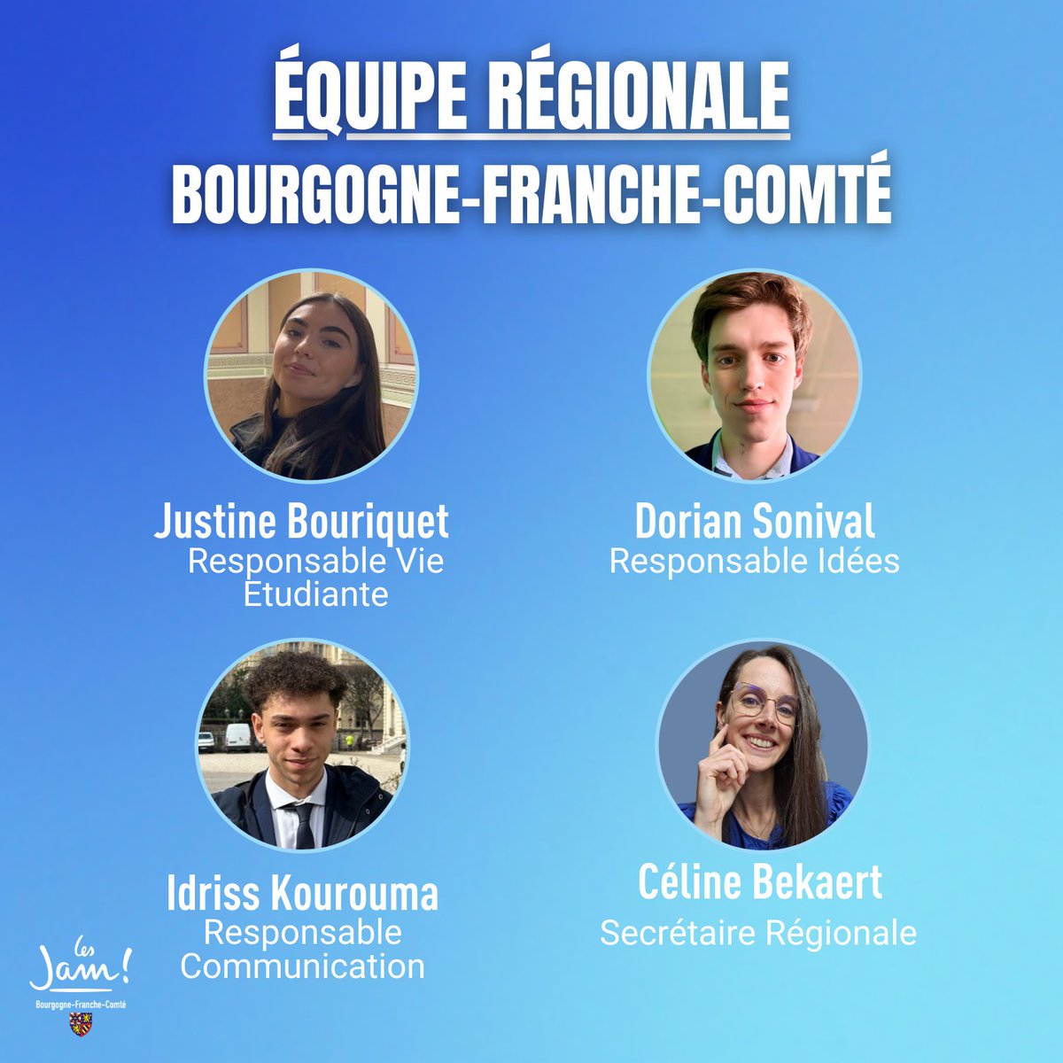L'équipe régionale des @jeunesmacron Bourgogne-Franche-Comté se renouvelle ! 🔄

Félicitations à <a href="/_justinuux/">JU 🦋</a>, <a href="/Dorian_Sonival/">Dorian Sonival</a>, Idriss Kourouma et Céline Bekaert pour leur nomination ! 🎉

Merci encore à la précédente équipe pour leur engagement et tout le travail accompli 👏