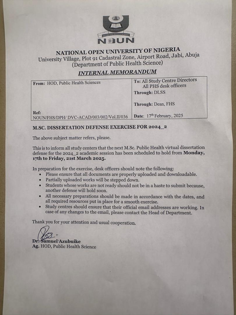 noununiversity's tweet image. National Open University of Nigeria, NOUN 
UPDATE
M.Sc. Dissertation Defense Exercise
#ProjectMaterials
#ProjectTopics
#ProjectTopicsandMaterials
#ProjectResearch
#ProjectWritingServices