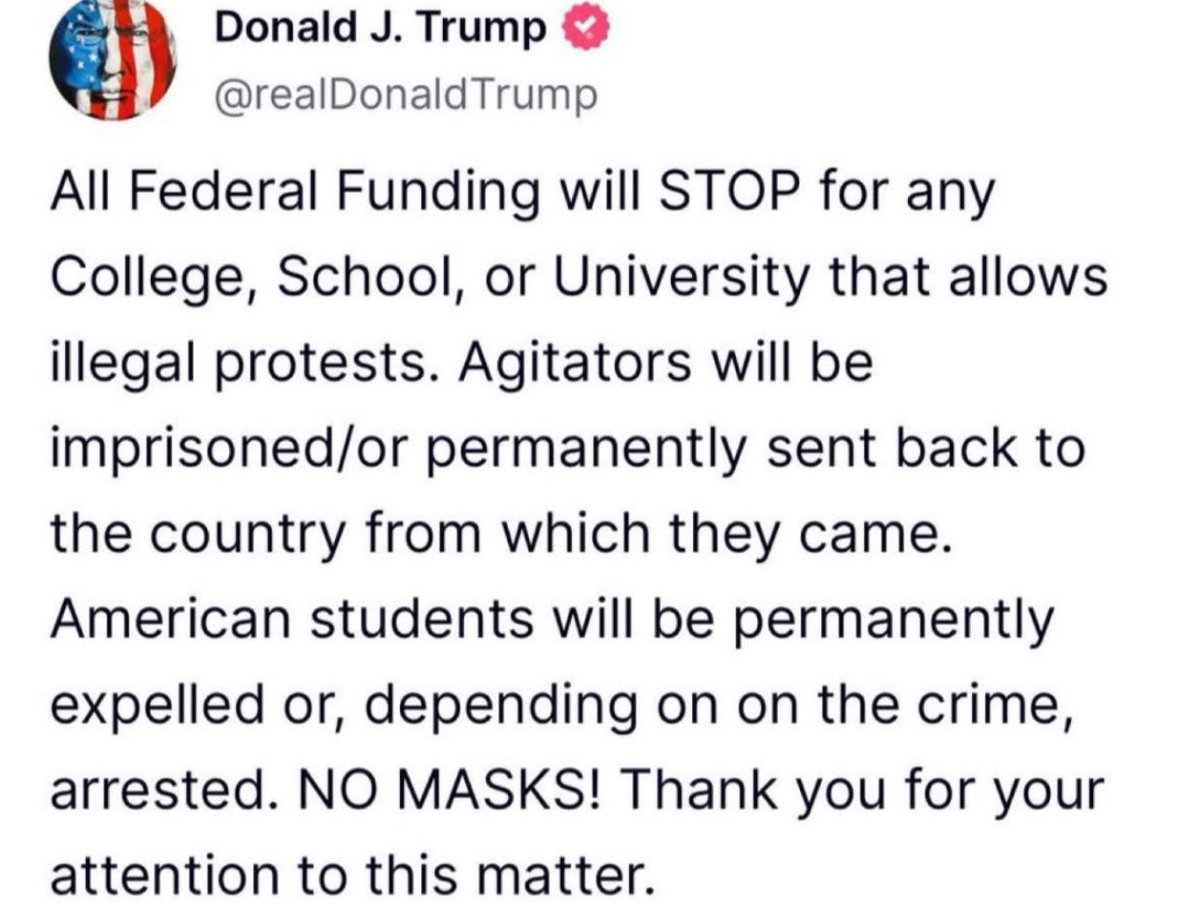 Thank you, <a href="/realDonaldTrump/">Donald J. Trump</a> for taking a firm stand against the dangerous wave of antisemitism on college campuses. Universities must be places of learning, not lawlessness. We cannot allow hate and intimidation to go unchecked. 

Jewish students must be protected.