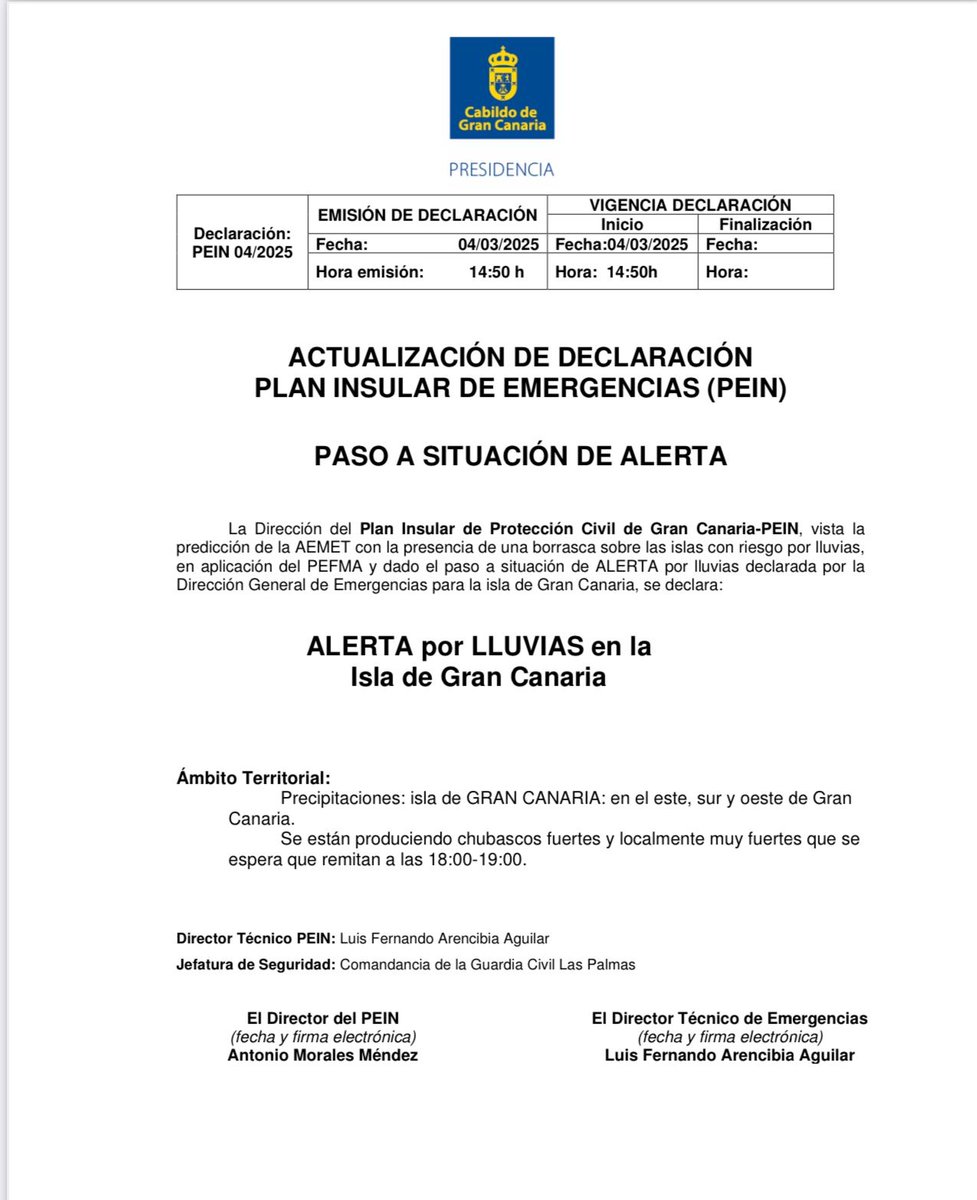 📢 AVISO

El PEIN de GC vista las predicciones y las instrucciones de #gobcan, declara:

✔ Situacion: Alerta

📍 Ámbito territorial: GC Este, S y O

✔ Fenómeno: Lluvias

❌ Observaciones: chubascos fuertes, muy fuertes

🔸 Precaución en estas zonas 🔸

#maspalomas➕️segura