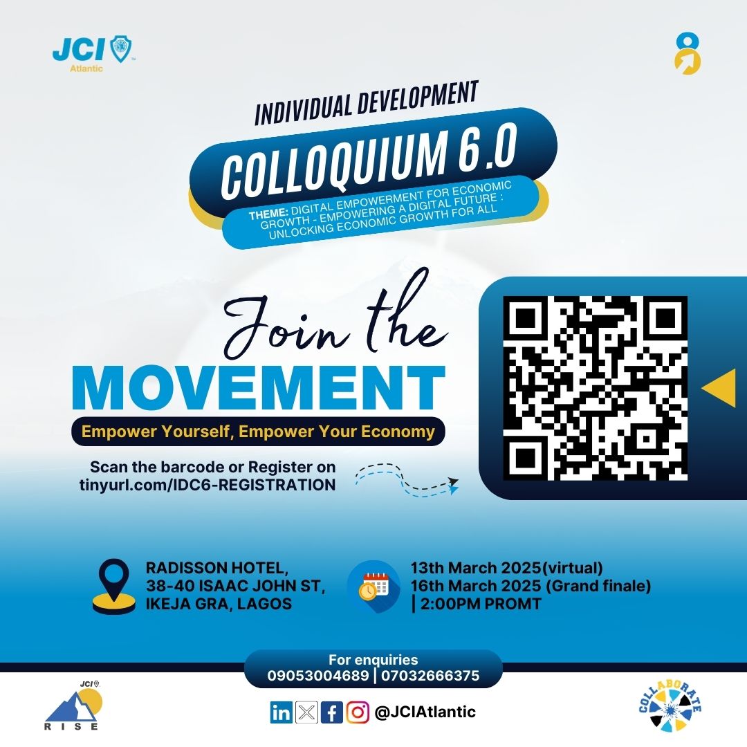 IDC 6.0 (Individual development colloquium) is here 🥳🥳

THEME: "Digital Empowerment for Economic Growth"

"Empowering a Digital Future: Unlocking Economic Growth for All" 

Registrationlink:tinyurl.com/IDC6-REGISTRAT…

#ELV8
#Collaborate
#Grow 
#Impact
#Lead
#JCIAtlantic
#IDC 6.0