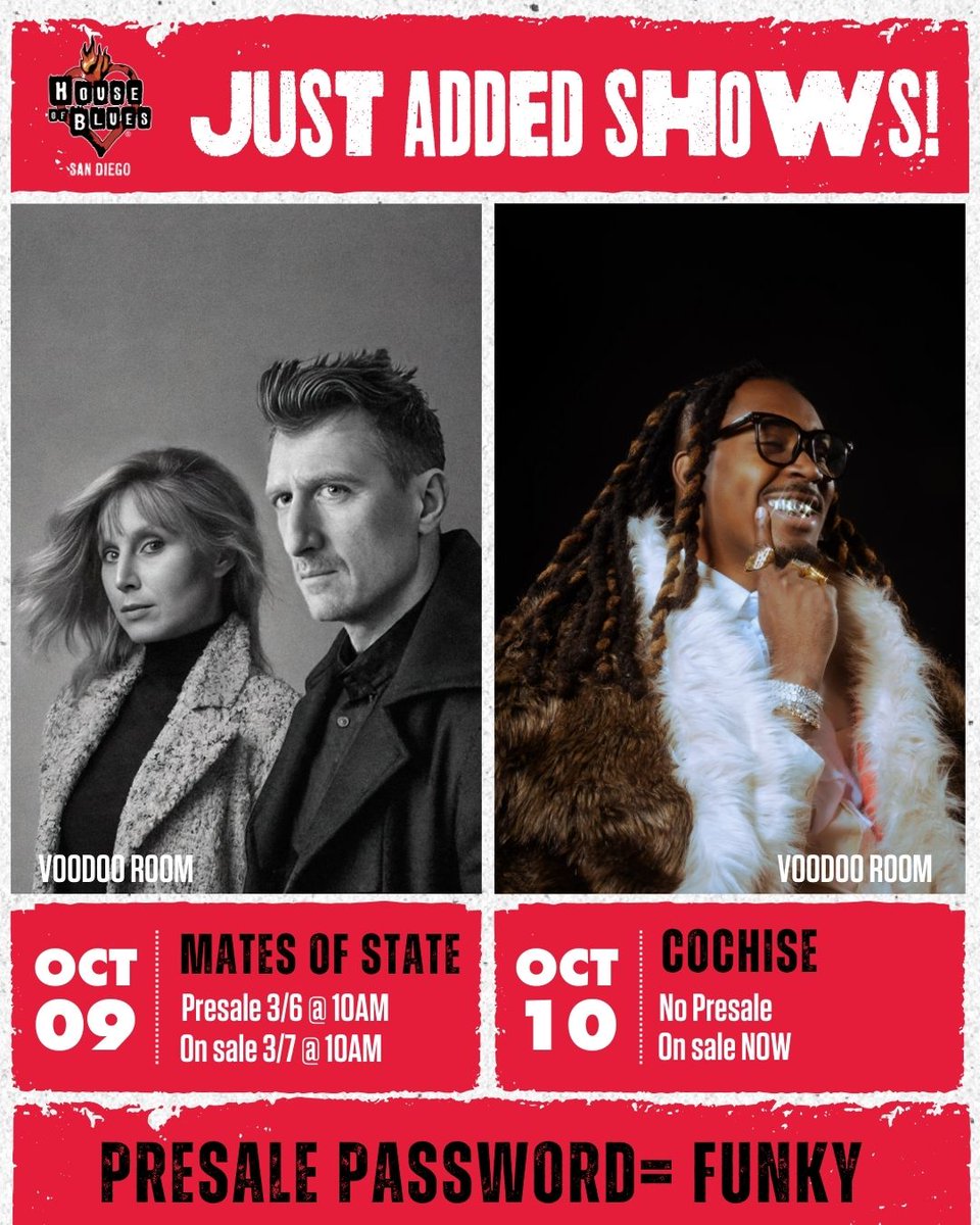 NEW VOODOO SHOWS!
🎟️: livemu.sc/4byEL1O
10/9: <a href="/matesofstate/">Mates of State</a>
10/10: <a href="/cochise/">COCHISE</a>