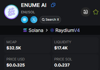 UncleAlphaSOL's tweet photo. 🚀 ENUME AI $ENI / $SOL is flying! 🚀
📊 MCAP: $32.5K 
🔥 Don’t miss this AI + Solana gem!
👉 Join Telegram: https://t.co/4hDIoDWq5D
🎯 Use the bot: https://t.co/COfggYXwVZ
⏰ Act fast – FOMO is real! 🌊

#ENUMEAI #ENI #SOL #Crypto #DEFİ $BTC $ETH $XRP $SOL $BNB $DOGE $ADA $TRX https://t.co/KV6PdQpSxc