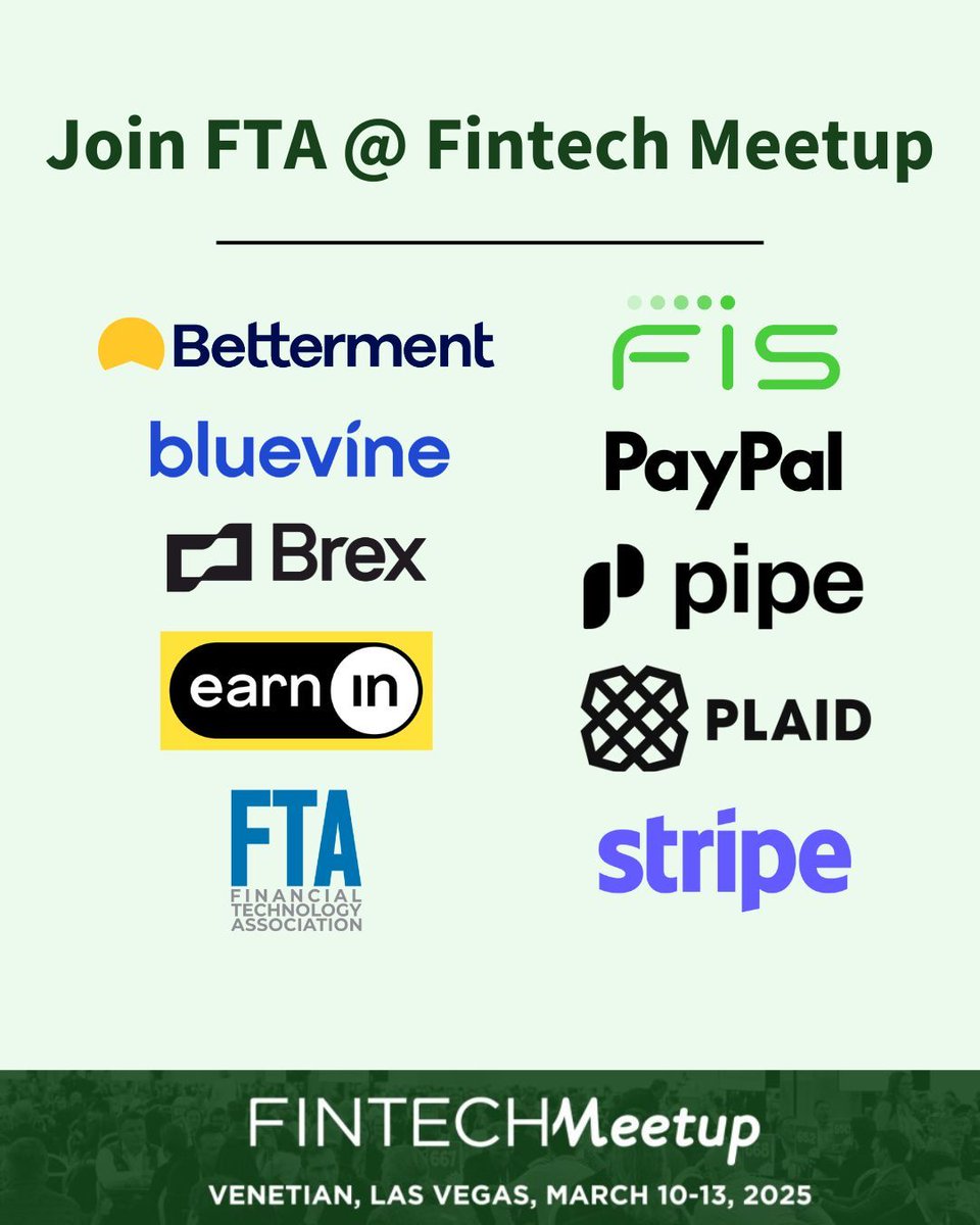 Financial Technology Association (@fintechassoc) on Twitter photo 🚀 We’re counting down the days until <a href="/FintechMeetup/">Fintech Meetup</a> next week!
The agenda is packed with FTA Member Companies who are at the forefront of #fintech innovation.
Check out great panels featuring <a href="/Betterment/">Betterment</a>, @Bluevine, @BrexHQ, @Earnin, <a href="/FISGlobal/">FIS</a>, <a href="/PayPal/">PayPal</a>, @Pipe, <a href="/Plaid/">Plaid</a>, 🚀 We’re counting down the days until <a href="/FintechMeetup/">Fintech Meetup</a> next week!
The agenda is packed with FTA Member Companies who are at the forefront of #fintech innovation.
Check out great panels featuring <a href="/Betterment/">Betterment</a>, @Bluevine, @BrexHQ, @Earnin, <a href="/FISGlobal/">FIS</a>, <a href="/PayPal/">PayPal</a>, @Pipe, <a href="/Plaid/">Plaid</a>,