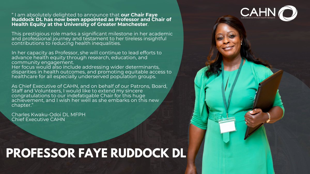 Caribbean & African Health Network (@cahn_uk) on Twitter photo Exciting Announcement! 🌟 We’re thrilled to share that our Chair, <a href="/fayeruddock/">Dr Faye Ruddock DL</a> , has been appointed as Professor and Chair of Health Equity at the University of Greater Manchester - <a href="/BoltonUni/">University of Greater Manchester</a> !
We send huge congratulations to Faye on this incredible achievement.
🎉 Exciting Announcement! 🌟 We’re thrilled to share that our Chair, <a href="/fayeruddock/">Dr Faye Ruddock DL</a> , has been appointed as Professor and Chair of Health Equity at the University of Greater Manchester - <a href="/BoltonUni/">University of Greater Manchester</a> !
We send huge congratulations to Faye on this incredible achievement.
🎉