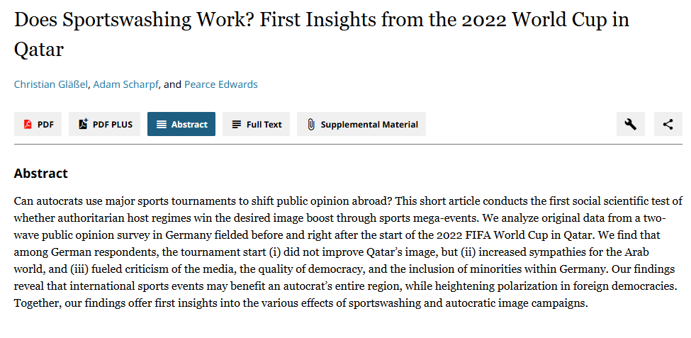 Journal of Politics @jop@sciences.social (@the_jop) on Twitter photo "Does Sportswashing Work? First Insights from the 2022 World Cup in Qatar" by Christian Gläßel, Adam Scharpf (<a href="/ascharpf2/">Adam Scharpf</a> ), and Pearce Edwards. journals.uchicago.edu/doi/10.1086/73… "Does Sportswashing Work? First Insights from the 2022 World Cup in Qatar" by Christian Gläßel, Adam Scharpf (<a href="/ascharpf2/">Adam Scharpf</a> ), and Pearce Edwards. journals.uchicago.edu/doi/10.1086/73…