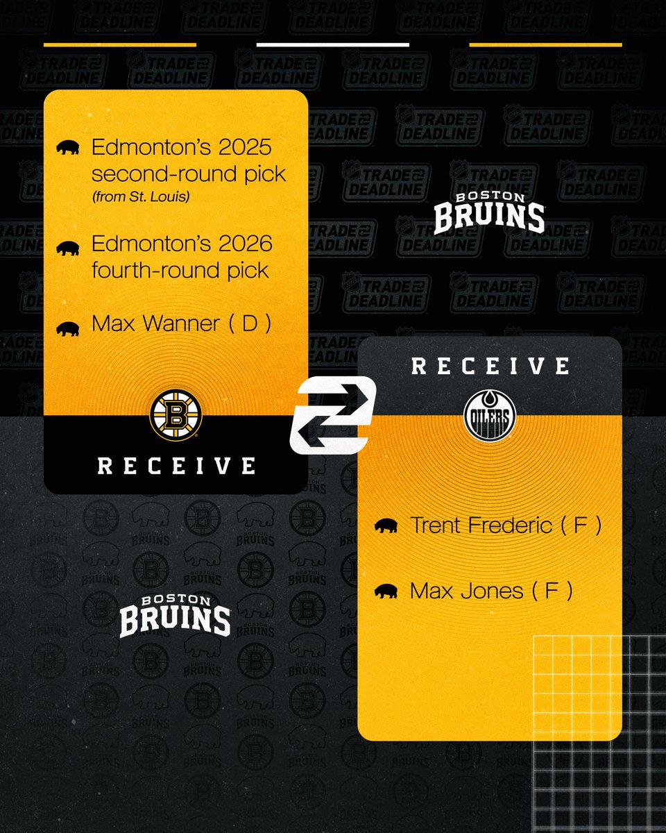 NHLBruins's tweet image. The #NHLBruins have acquired defenseman Max Wanner, a 2025 second-round pick, and a 2026 fourth-round pick from Edmonton in exchange for Trent Frederic and Max Jones.
📰: bit.ly/41onG5V
