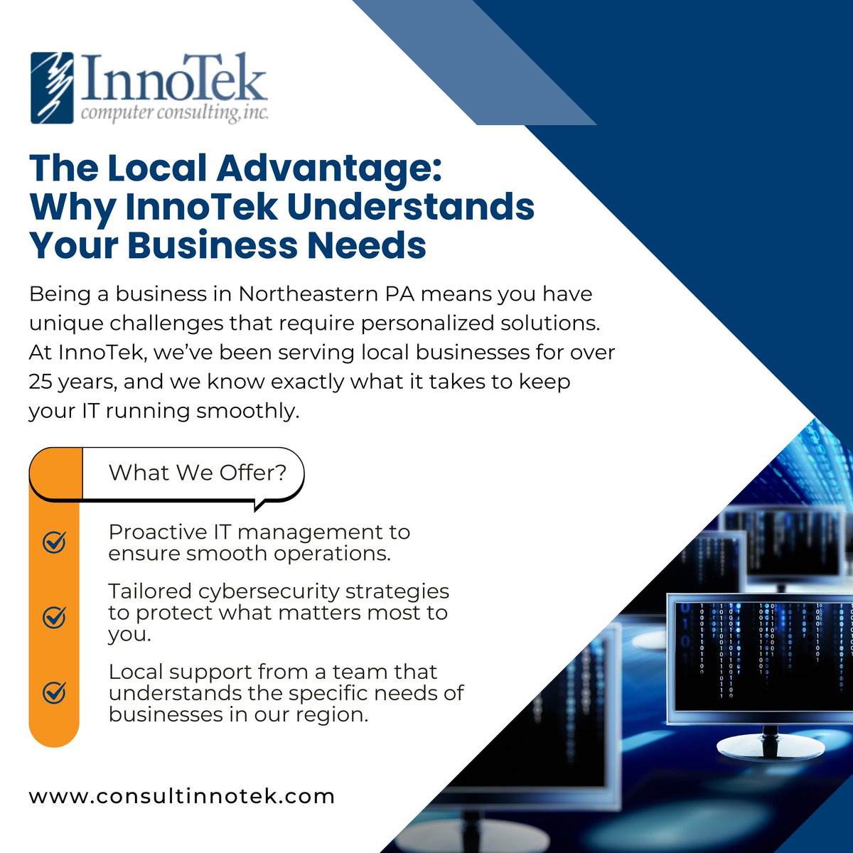 innotekcc_'s tweet image. We’re not just your service provider; we’re your neighborly IT partner, here to help your business thrive. #LocalTech #NortheasternPA #ITManagement #CyberSecurity #InnoTekComputerConsulting