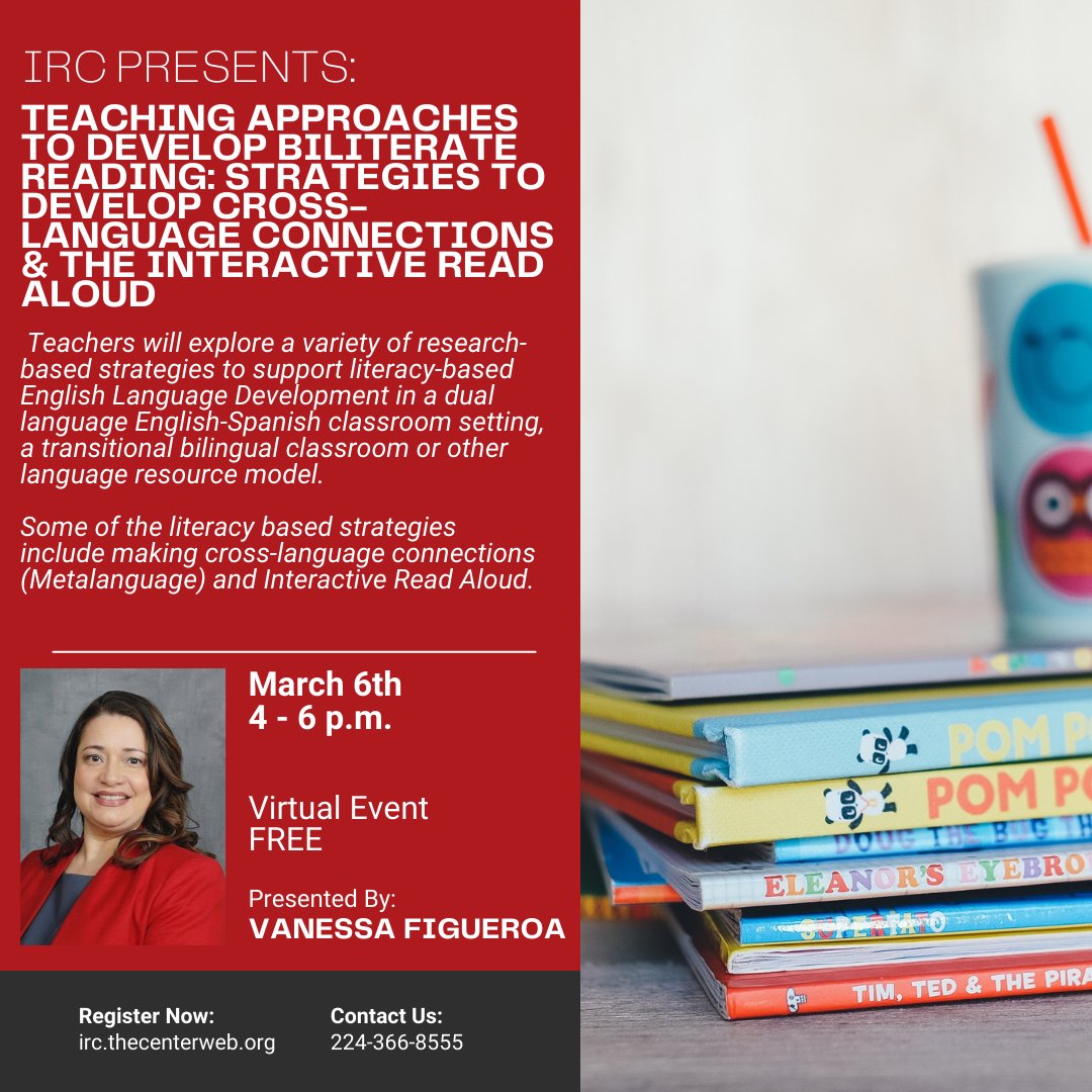 IRC Specialist Vanessa Figueroa's webinars on biliteracy are evidence-based, informative and packed with resources. Join her for a deep dive into interactive read-alouds this Thursday! irc.thecenterweb.org/workshop/teach…