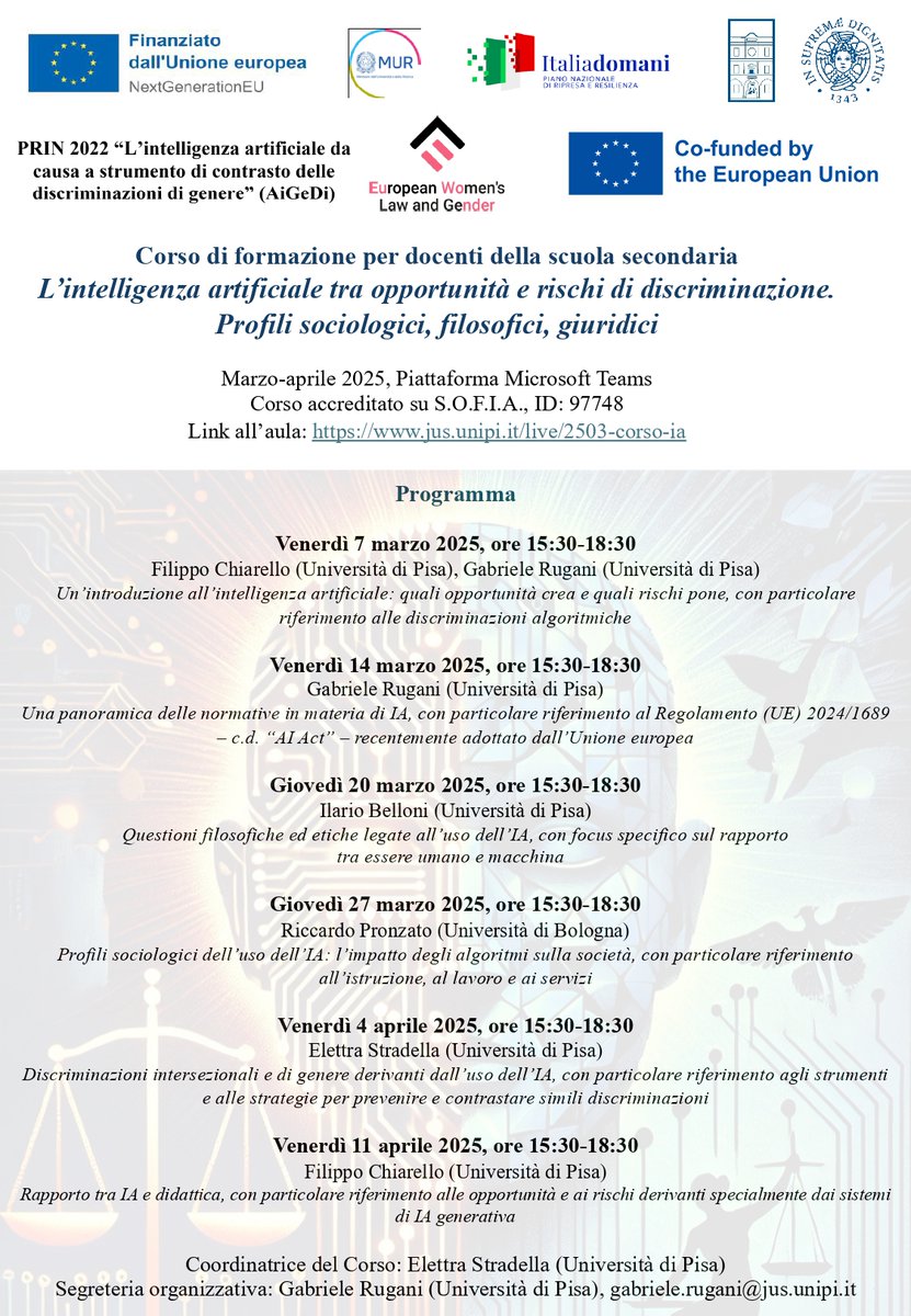 Corso di formazione per docenti della scuola secondaria circa "l’intelligenza artificiale tra opportunità e rischi di discriminazione". 

Il corso si terrà tra marzo e aprile 2025 su Teams ed è accreditato su S.O.F.I.A.!

#discrimination #AI