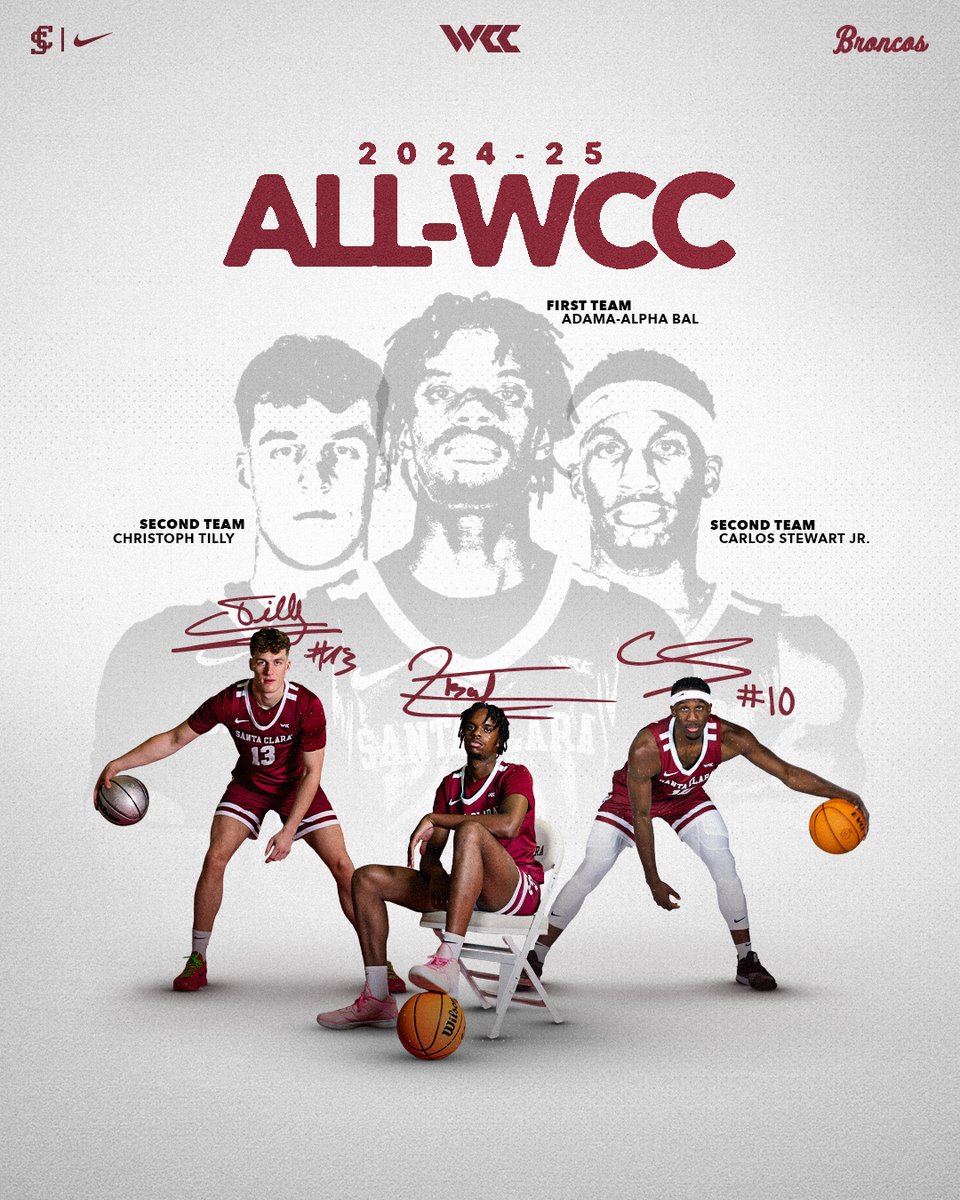 Santa Clara Men's Basketball (@santaclarahoops) on Twitter photo 𝕓𝕖𝕤𝕥 𝕠𝕗 𝕓𝕖𝕤𝕥 🏆
The 2024-25 All-WCC Team
First Team 🥇
<a href="/adama_bal/">Bal Adama</a>
Second Team 🥈
<a href="/Carlos_Stewart_/">Carlos Stewart</a>
<a href="/ChristophTilly/">Christoph Tilly</a>
📰 tinyurl.com/e6eyydnn
#StampedeAhead 𝕓𝕖𝕤𝕥 𝕠𝕗 𝕓𝕖𝕤𝕥 🏆
The 2024-25 All-WCC Team
First Team 🥇
<a href="/adama_bal/">Bal Adama</a>
Second Team 🥈
<a href="/Carlos_Stewart_/">Carlos Stewart</a>
<a href="/ChristophTilly/">Christoph Tilly</a>
📰 tinyurl.com/e6eyydnn
#StampedeAhead