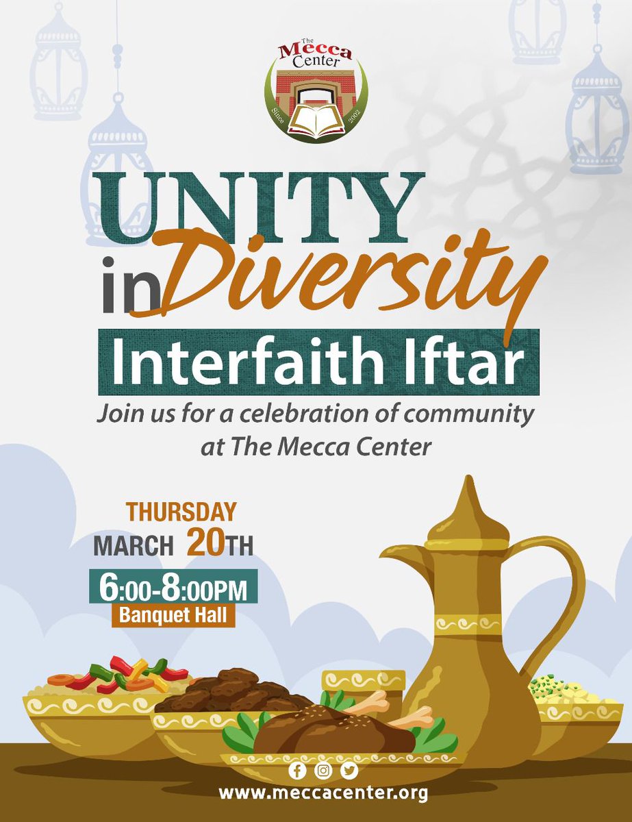 You’re invited to a special evening of connection, reflection, and community at The Mecca Center! Join us as we break bread together, embracing the beauty of our diverse traditions while celebrating the shared values that unite us. 

🔗 meccacenter.org/events/unity-i…