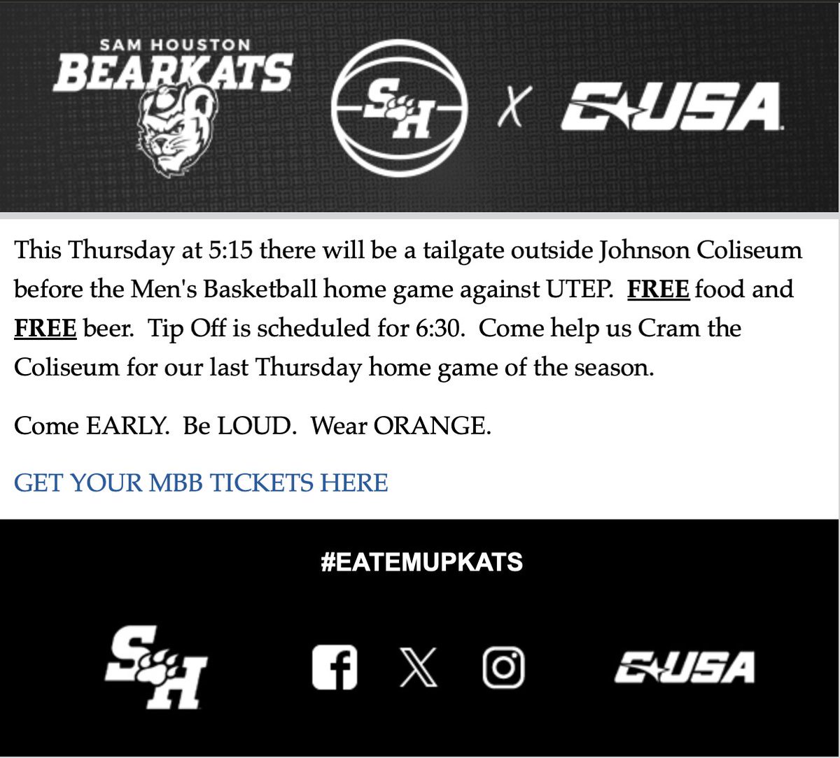Colton Foster (@coltonfoster98) on Twitter photo Email from <a href="/BearkatSports/">Sam Houston Athletics</a> about the upcoming tailgate for the UTEP game. Free food and beer included. Email from <a href="/BearkatSports/">Sam Houston Athletics</a> about the upcoming tailgate for the UTEP game. Free food and beer included.