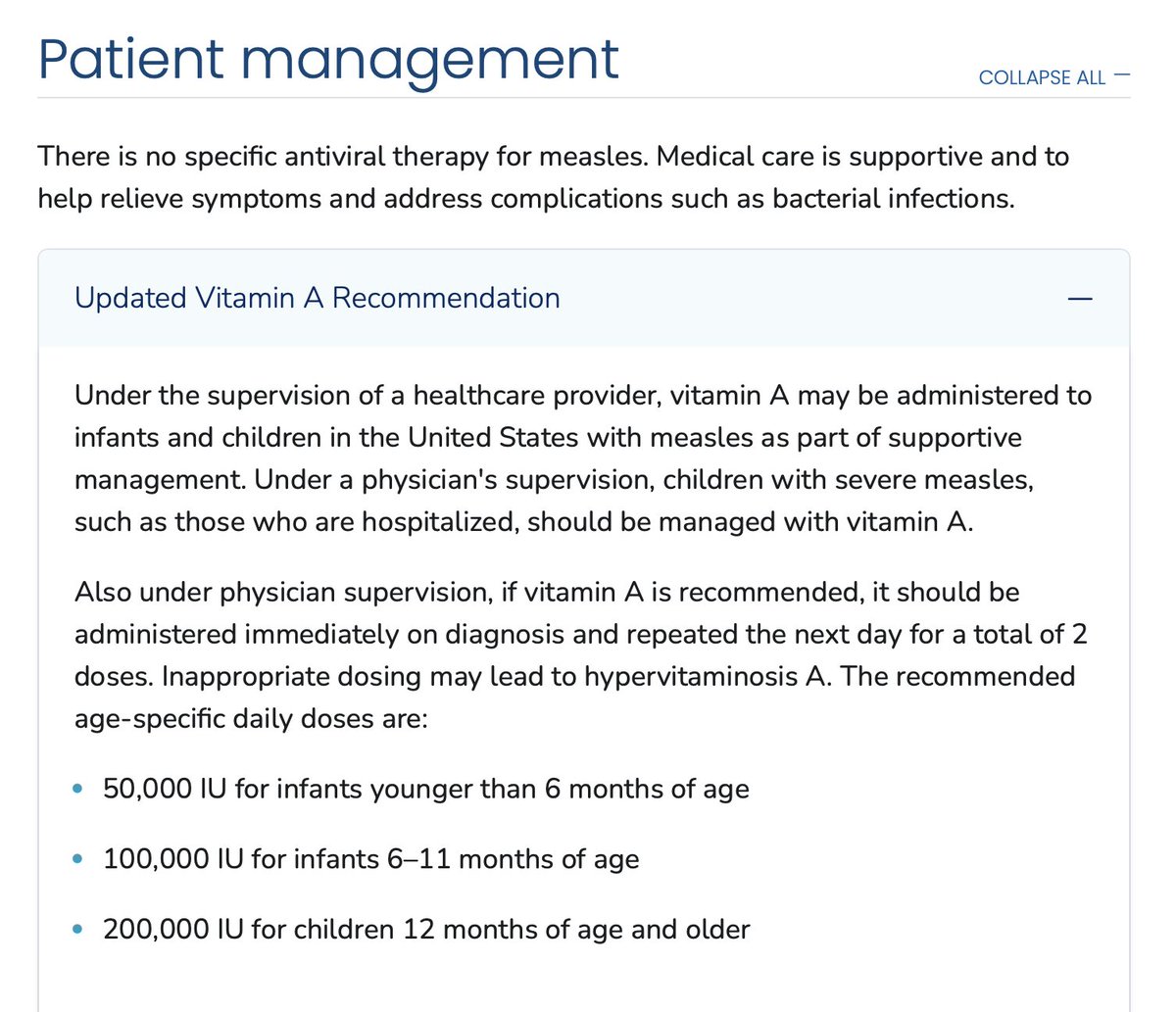 🚨 CDC Quietly Updates Its Vitamin A Recommendation Amid Measles Outbreak

Vitamin A has long been used as supportive care for those who have contracted measles. It was discreetly listed on the CDC website, until new changes made on the main measles page now highlight Vitamin A