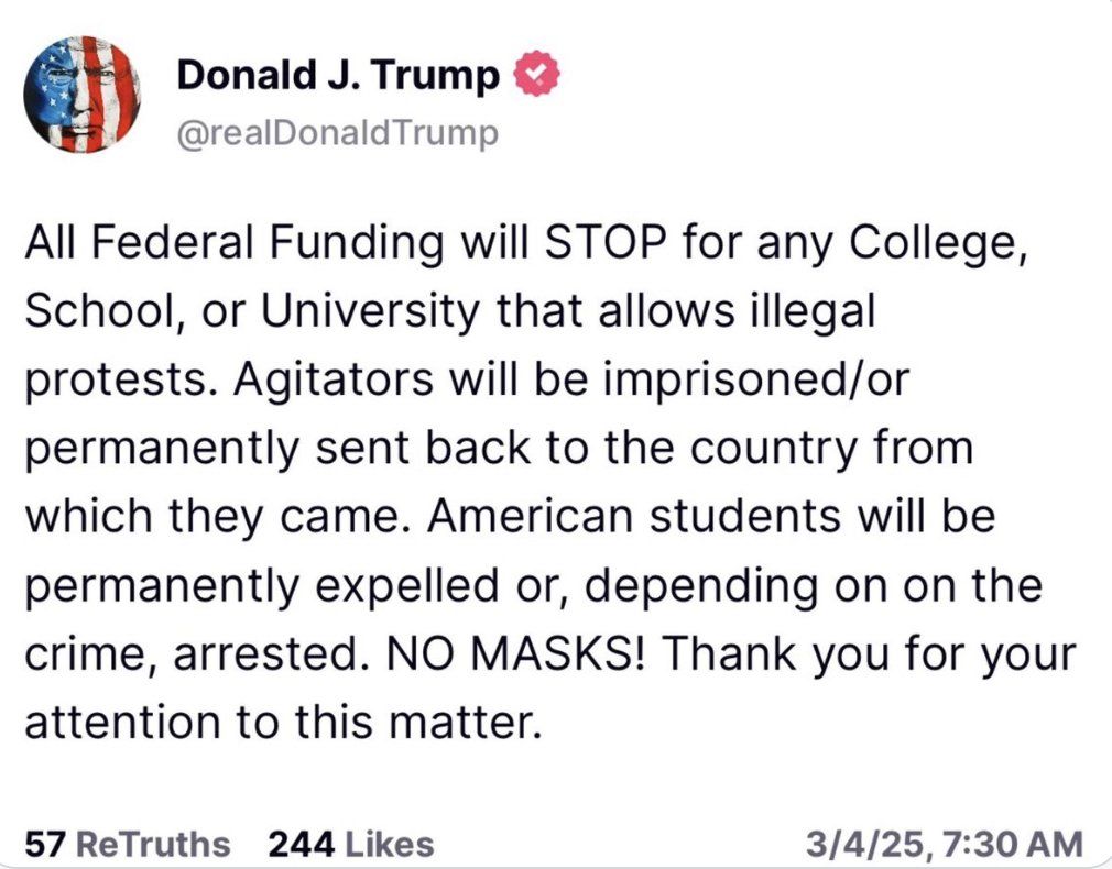 Dear Colleges, Universities, and Their Students,

He does not have the Constitutional right to do this.

Give him hell.