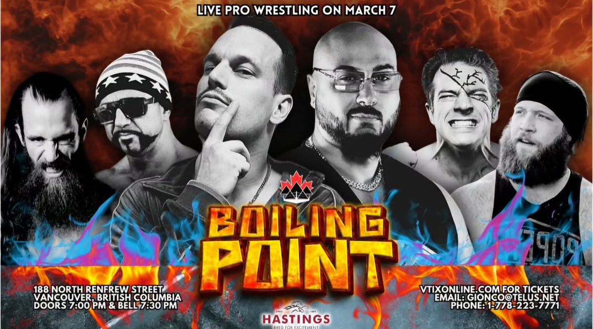 ProWrestlingHub (@prowrestlehub) on Twitter photo Things are hitting a BOILING POINT this Saturday, March 7th for <a href="/cdnapxwrestling/">Canadian Apex Wrestling</a> , tix still available for this great card!
📅 Saturday, March 7th
🔔 7:30 PM
📍 <a href="/hastingsraces/">Hastings Racecourse</a>
🎟 vtixonline.com/caw-presents--…
#SupportIndyWrestling #pnwwrestling #prowrestling Things are hitting a BOILING POINT this Saturday, March 7th for <a href="/cdnapxwrestling/">Canadian Apex Wrestling</a> , tix still available for this great card!
📅 Saturday, March 7th
🔔 7:30 PM
📍 <a href="/hastingsraces/">Hastings Racecourse</a>
🎟 vtixonline.com/caw-presents--…
#SupportIndyWrestling #pnwwrestling #prowrestling