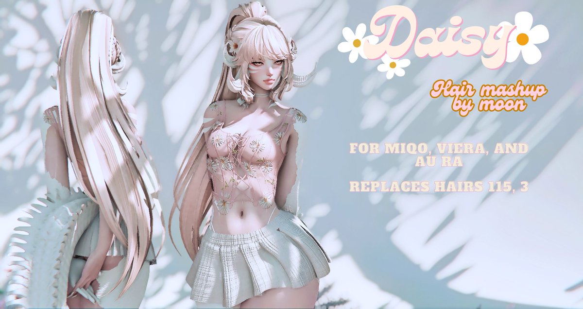 Moon_Mods's tweet photo. It's finally HAPPENING! First hair mash up release!

Daisy🌼- Hair mash up for Au ra, Viera, and Miqo 

Links Below!

#gposer #moonmods https://t.co/daDTVjN2Ir