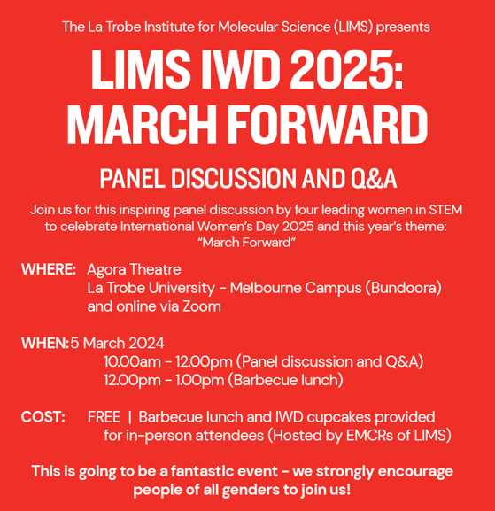 This #WomensWednesday come celebrate #InternationalWomensDay!👩‍🔬

Show your support for #WomenInSTEM this #IWD and join the panel discussion and Q&amp;A organised by <a href="/LIMSLTU/">La Trobe Institute for Molecular Science</a> in the Agora Theatre today at 10am!

Check your inboxes to register in-person or online and for more info!