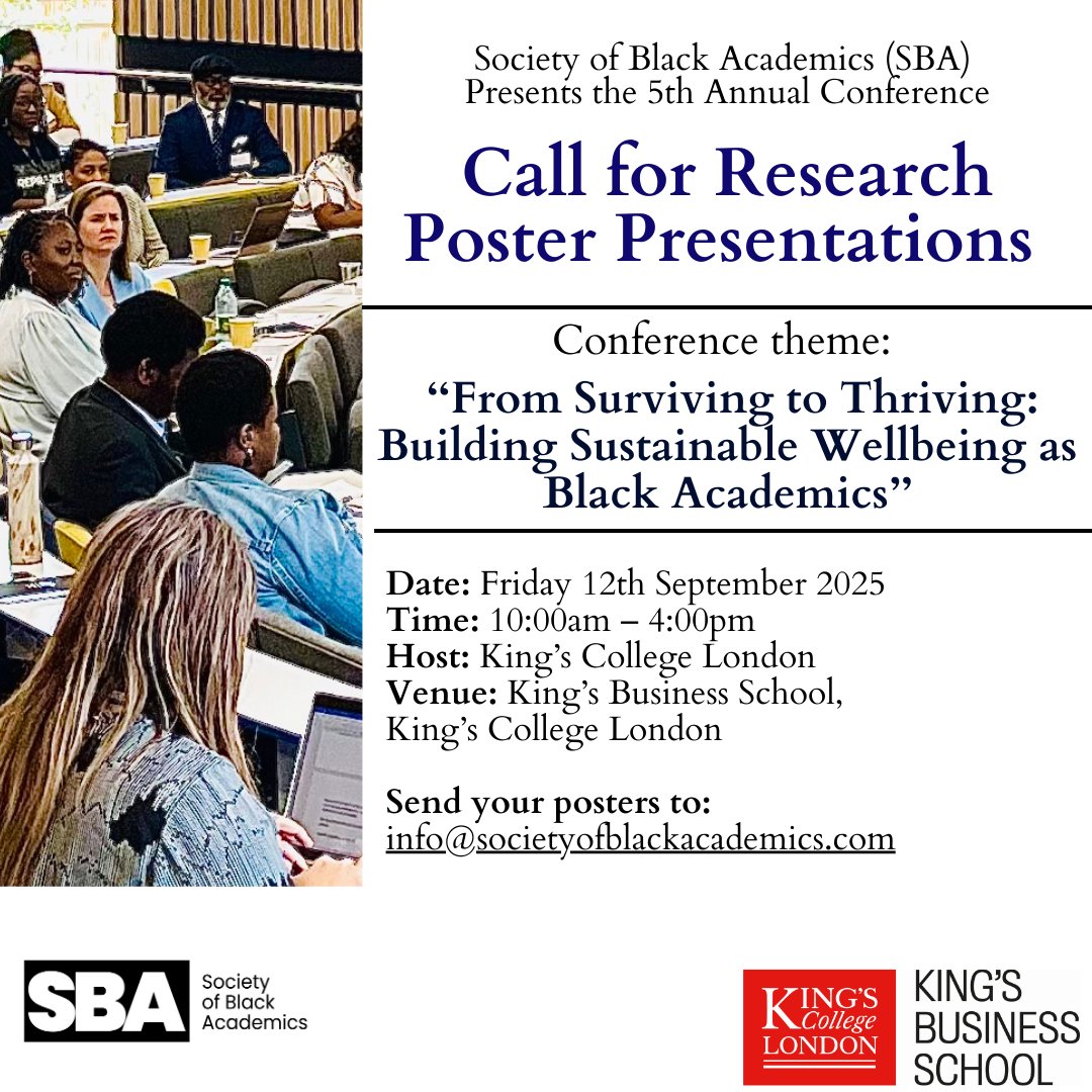 We are excited to announce that our 5th Annual Conference themed ‘‘From Surviving to Thriving: Building Sustainable Wellbeing as Black Academics’’ will hold on Friday 12th of September 2025. 

See more via link: linkedin.com/feed/update/ur…
