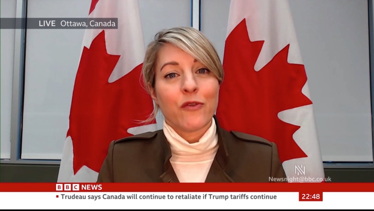 faisalislam's tweet photo. Canadian Foreign minister Joly tells Victoria on @BBCNewsnight says threats to Canadian independence “are not a joke” when Trump officials talk to them they say military cooperation and water put on table “they’ve been threatening us of different things”… https://t.co/PAn2mopcGw