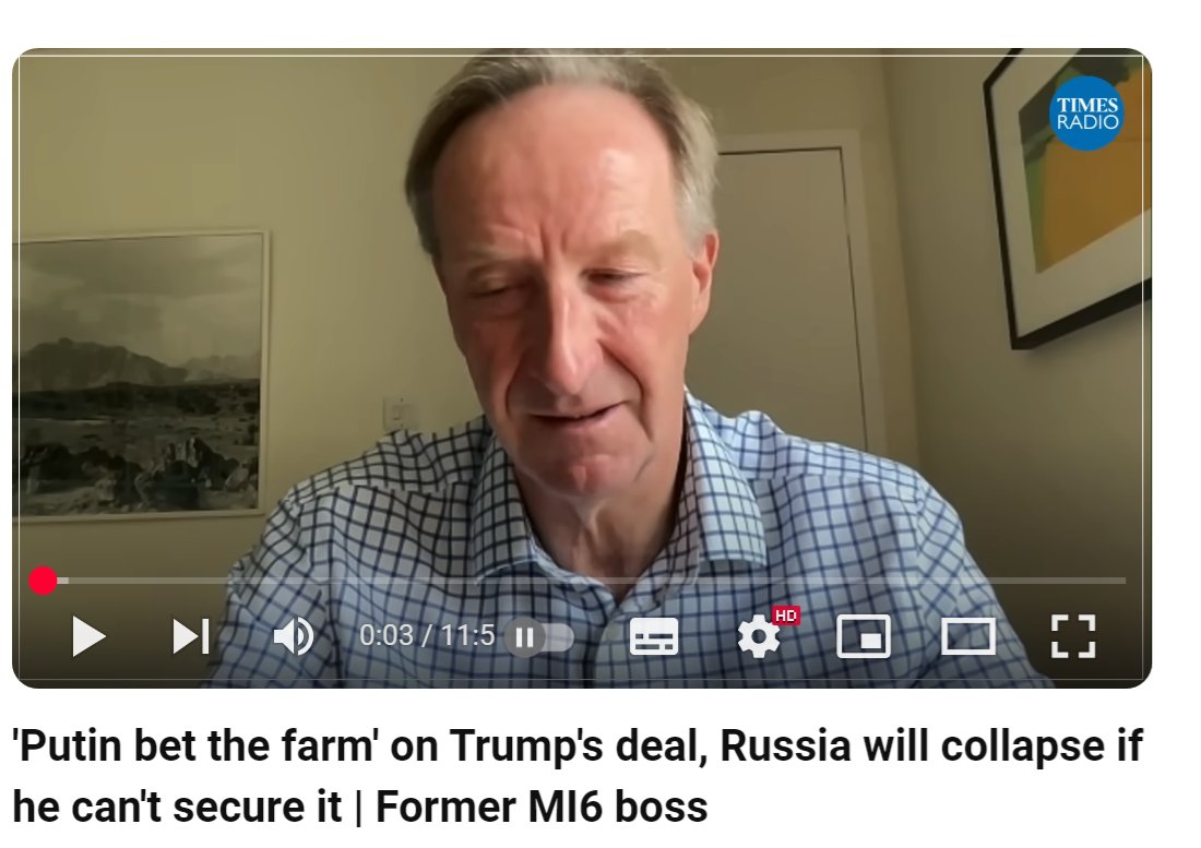 Former MI6 chief Alex Younger says Putin will fall if the war continues. That explains Trump's and Russian shills' desperation to force Zelensky into a 'peace deal.' Once again, they are trying to save Russia, and Trump will do anything to keep Putin in power.

Link in next post.