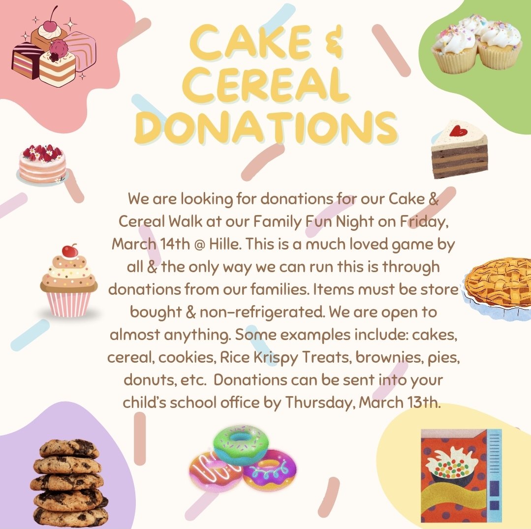 It’s that time of year again…We're looking for raffle/silent auction items &amp; cake/cereal items to be donated for our Family fun night! If you know anyone or are interested in donating, feel free to reach out to our fundraising Chair Heather @ d142ptafundraising@gmail.com.