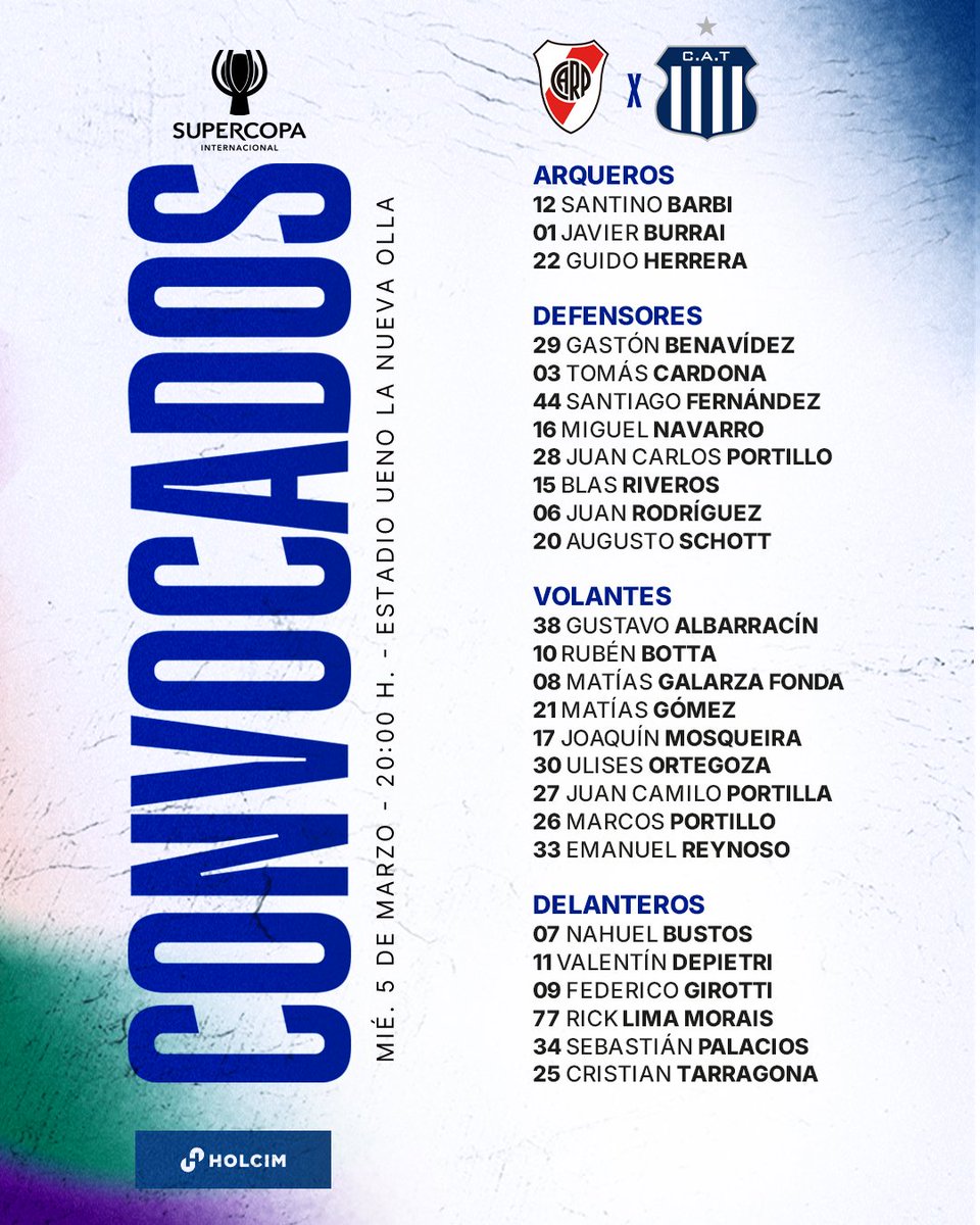 ¡𝘾𝙊𝙉𝙑𝙊𝘾𝘼𝘿𝙊𝙎 𝘾𝙊𝙉𝙁𝙄𝙍𝙈𝘼𝘿𝙊𝙎!

📋 Lista de concentrados confirmada por 𝗔𝗹𝗲𝘅𝗮𝗻𝗱𝗲𝗿 𝗠𝗲𝗱𝗶𝗻𝗮 para la final de la Supercopa Internacional ante River Plate en Paraguay.

#VamosTalleres 🇫🇮 #SupercopaInternacional