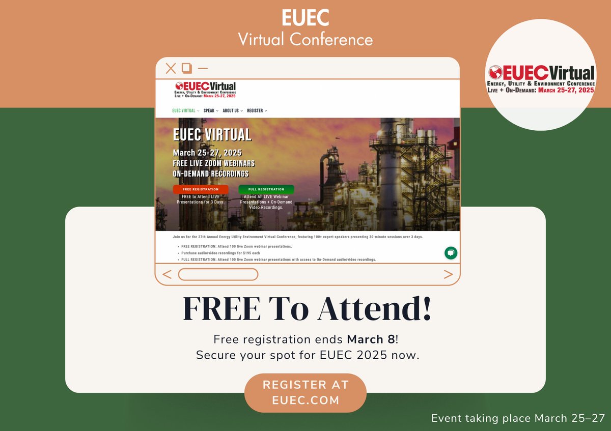 🚀 EUEC Virtual 2025 – Free Registration is NOW OPEN!

📅 March 25-27, 2025 | 💻 Live + On-Demand Webinars

🎤 Want to Speak? Submit your abstract by March 8, 2025!
🎟️ Want to Attend? Register now for FREE!

🔗 Register Now or Submit to Speak- euec.com

#EUEC2025