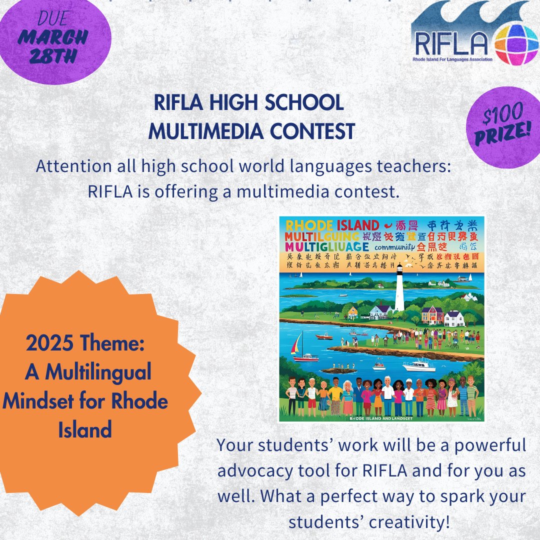 📢 RIFLA High School Multimedia Contest – Enter to Win! 🎬✨

Attention high school world language teachers &amp; students! 🌎🎥 RIFLA is hosting a Multimedia Contest with a $100 prize 

📌
📅 Deadline: March 28 – go to rifla.org/awards for more information and to enter!