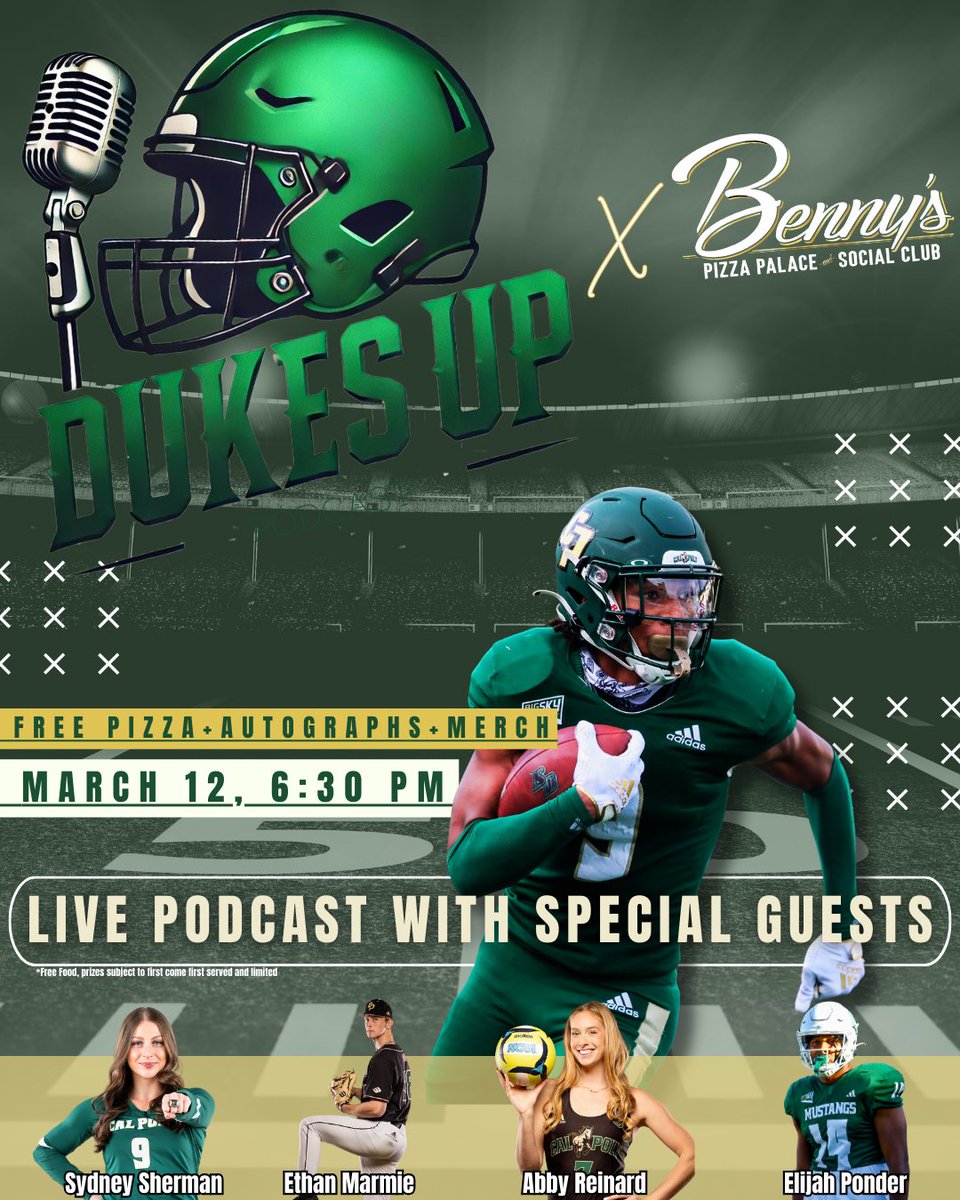 AthleteLabTeam's tweet image. Come out to our FREE #DukesUpPodcast featuring @BrianDukesJr20. The live #Podcast will feature a panel of @CPMustangs star #athletes @ElijahCPonder @calpolyfootball #AbbeyReinard @calpolybeach #EthanMarmie @CalPolyBSB and more!
Come for free #Pizza, merch, and more!