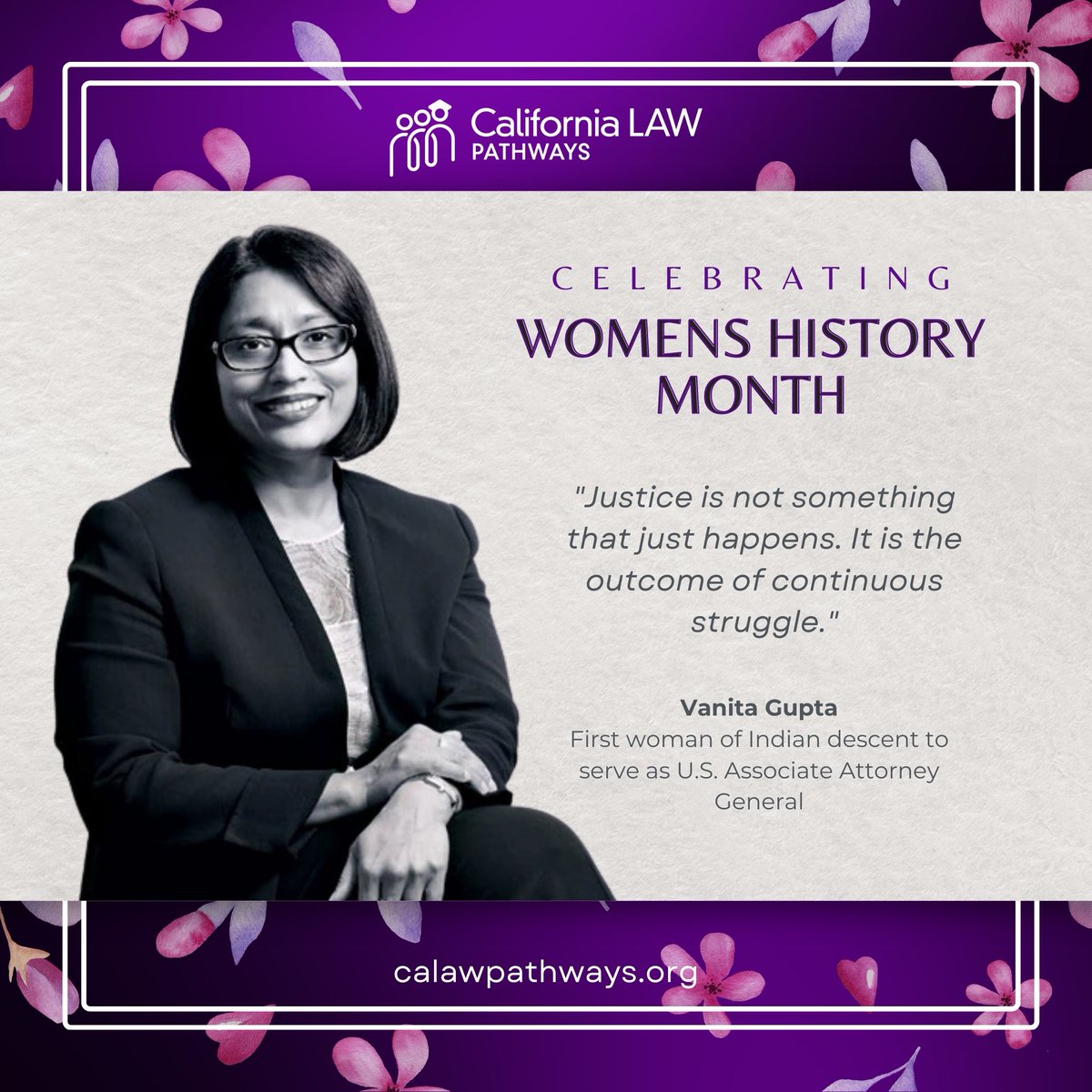 California LAW Pathways (@calawpathways) on Twitter photo Women's History Month Spotlight 💜
This week, California LAW Pathways honors <a href="/vanitaguptaCR/">Vanita Gupta</a> - champion for civil rights and the first woman of Indian descent to serve as U.S. Associate Attorney General.
👉 Her words remind us of the work ahead:
"Justice is not something that Women's History Month Spotlight 💜
This week, California LAW Pathways honors <a href="/vanitaguptaCR/">Vanita Gupta</a> - champion for civil rights and the first woman of Indian descent to serve as U.S. Associate Attorney General.
👉 Her words remind us of the work ahead:
"Justice is not something that