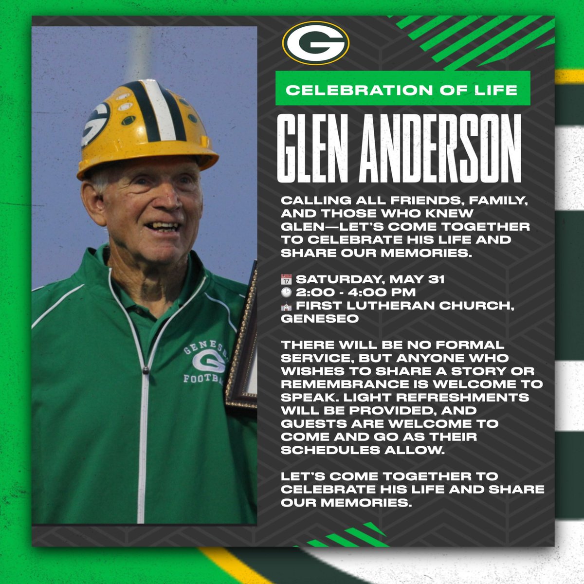 Bob Thomas (@coachthomas) on Twitter photo Glen Anderson’s Family invites you to the Celebration of Life Celebration for Glen. Come share the amazing memories of Captain Green or nearly 3 decades of work. Thank you to the Family <a href="/athleticsGHS/">Geneseo Athletics</a> <a href="/GeneseoCurrent/">GeneseoCurrent</a> <a href="/geneseofootball/">Geneseo Football</a> <a href="/Ryerson_Tom/">Tom Ryerson</a> Glen Anderson’s Family invites you to the Celebration of Life Celebration for Glen. Come share the amazing memories of Captain Green or nearly 3 decades of work. Thank you to the Family <a href="/athleticsGHS/">Geneseo Athletics</a> <a href="/GeneseoCurrent/">GeneseoCurrent</a> <a href="/geneseofootball/">Geneseo Football</a> <a href="/Ryerson_Tom/">Tom Ryerson</a>