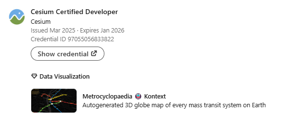 Happy to share that my (now slightly out of date 😅) Metrocyclopaedia project earned me the <a href="/CesiumJS/">Cesium</a> #CesiumCertified developer badge 🚀🌍 Check out the rest of this happy bunch at cesium.com/certified-deve…

#GIS #Geospatial #dataviz 

blog.csaladen.es/metro/