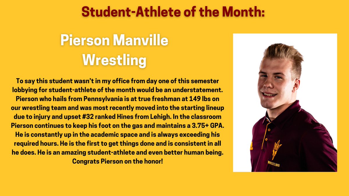 Sun Devil OSAD (@sundevil_osad) on Twitter photo The first student we'd like to highlight is Pierson Manville from <a href="/ASUWrestling/">Sun Devil Wrestling</a>, our High Achieving Male Student-Athlete! Pierson, you are a great example of a Sun Devil who goes above and beyond. You should be so proud! <a href="/TheSunDevils/">Arizona State Sun Devils</a> #O2V! The first student we'd like to highlight is Pierson Manville from <a href="/ASUWrestling/">Sun Devil Wrestling</a>, our High Achieving Male Student-Athlete! Pierson, you are a great example of a Sun Devil who goes above and beyond. You should be so proud! <a href="/TheSunDevils/">Arizona State Sun Devils</a> #O2V!