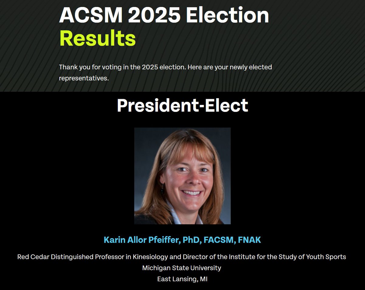 Panteleimon ("Paddy") Ekkekakis (@ekkekakis) on Twitter photo Please join me in congratulating Prof. Karin Pfeiffer (<a href="/pfeif51/">Karin Pfeiffer</a>) from <a href="/michiganstateu/">MSU</a> & <a href="/MSUCollegeofEd/">College of Education</a> for being elected as the next President of <a href="/ACSMNews/">American College of Sports Medicine</a>, the world's premier organization in kinesiology, exercise science, and sports medicine! Go Green, Go White! Please join me in congratulating Prof. Karin Pfeiffer (<a href="/pfeif51/">Karin Pfeiffer</a>) from <a href="/michiganstateu/">MSU</a> & <a href="/MSUCollegeofEd/">College of Education</a> for being elected as the next President of <a href="/ACSMNews/">American College of Sports Medicine</a>, the world's premier organization in kinesiology, exercise science, and sports medicine! Go Green, Go White!