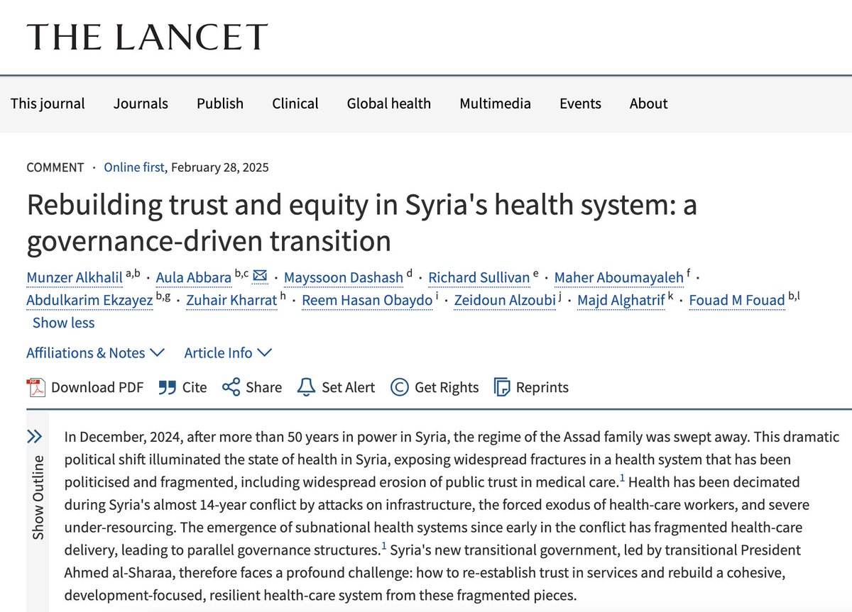AulaA (@aulaab) on Twitter photo Comment in <a href="/TheLancet/">The Lancet</a> on #Syria's health system post-regime - need for governance-driven transition
Need for #equity; #development focus rather than only #humanitarianassistance & #transitionaljustice for all affected
doi.org/10.1016/S0140-…
<a href="/sams_usa/">sams_usa</a> <a href="/TheSyriaCmpgn/">The Syria Campaign</a> <a href="/UNCoISyria/">UN Syria Commission of Inquiry</a> Comment in <a href="/TheLancet/">The Lancet</a> on #Syria's health system post-regime - need for governance-driven transition
Need for #equity; #development focus rather than only #humanitarianassistance & #transitionaljustice for all affected
doi.org/10.1016/S0140-…
<a href="/sams_usa/">sams_usa</a> <a href="/TheSyriaCmpgn/">The Syria Campaign</a> <a href="/UNCoISyria/">UN Syria Commission of Inquiry</a>