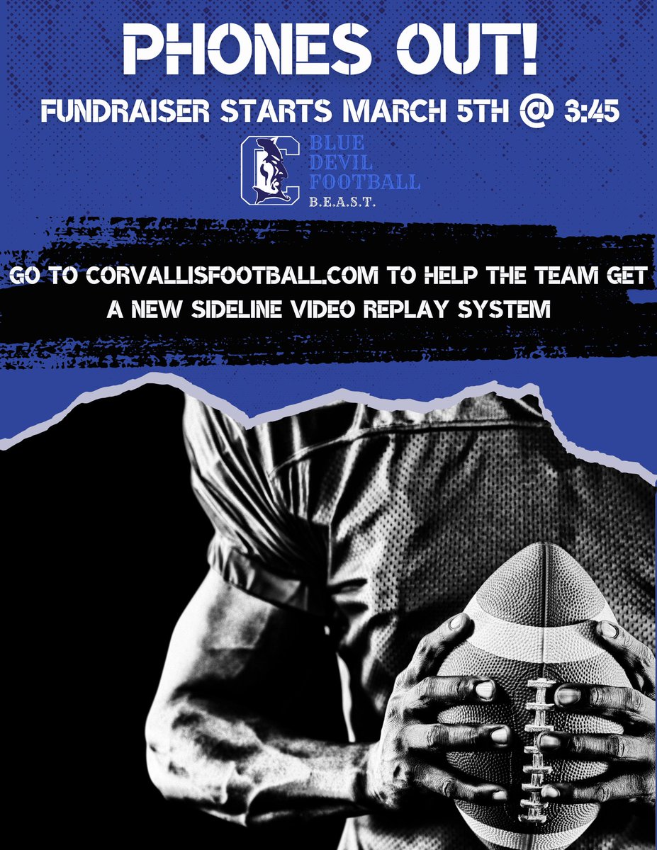 On March 5th expect to hear from your favorite Blue Devil Football players as we look to raise funds for a New Video Replay System to help coaches and players on the sidelines! Share the news, and visit corvallisfootball.com for more info 🏈📱🔱