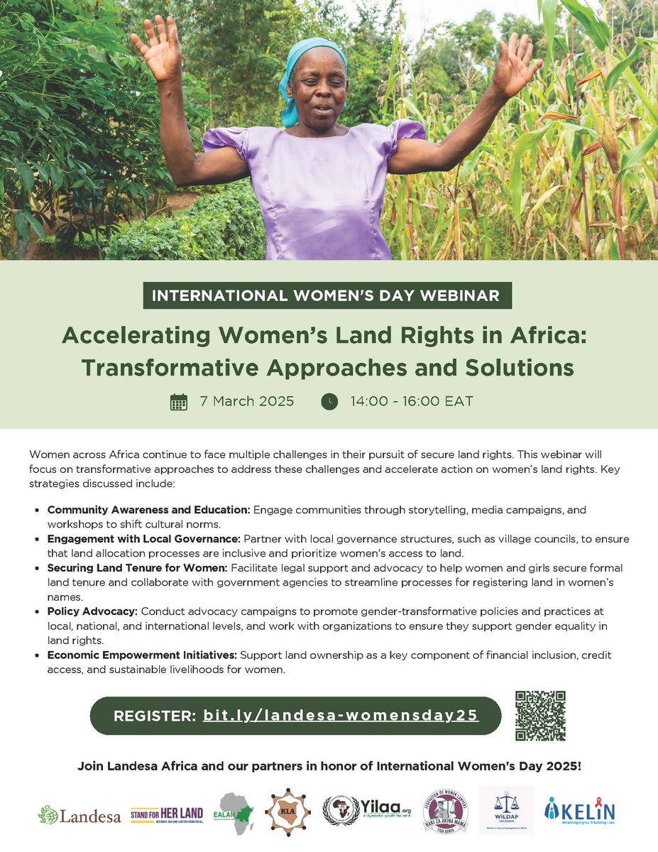 In honor of #IWD2025, join us and our partners in celebrating women around the world and learning about #WomensLandRights in Africa!

This webinar will focus on transformative approaches to address these challenges and accelerate action on WLR. #S4HL

👉 bit.ly/landesa-womens…