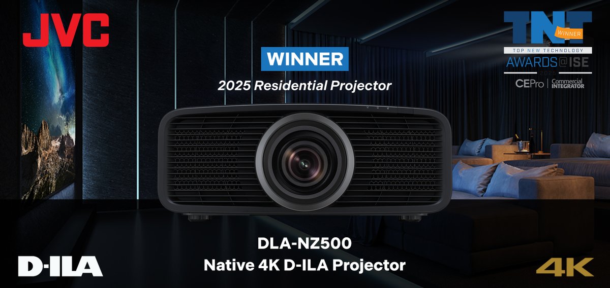 .<a href="/JVC_USA/">JVC U.S.A.</a>'s DLA-NZ500 Projector has been recognized as a 2025 Top New Technology Commercial Integrator Winner from <a href="/ce_pro/">CE Pro</a>! Visit JVC’s Award page: bit.ly/3XkAtVS

#JVCUSA #JVCProjectors #CEPro #HomeTheater #4K_DILA #AVTweeps