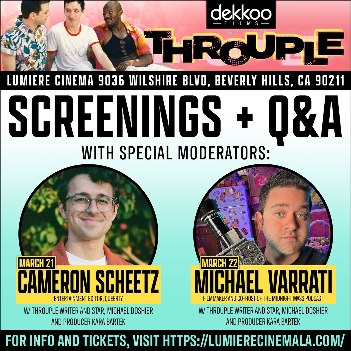 Dekkoo (@mydekkoo) on Twitter photo LOS ANGELES! 'Throuple' makes it theatrical debut on March 21 at <a href="/musichall3/">Lumiere Cinema at the Music Hall</a> - grab tickets to these very special screening events followed by Q&A sessions hosted by <a href="/cameronscheetz/">Cameron Scheetz</a> and <a href="/MichaelVarrati/">Michael Varrati</a> - Tickets are available on <a href="/Fandango/">Fandango</a> LOS ANGELES! 'Throuple' makes it theatrical debut on March 21 at <a href="/musichall3/">Lumiere Cinema at the Music Hall</a> - grab tickets to these very special screening events followed by Q&A sessions hosted by <a href="/cameronscheetz/">Cameron Scheetz</a> and <a href="/MichaelVarrati/">Michael Varrati</a> - Tickets are available on <a href="/Fandango/">Fandango</a>