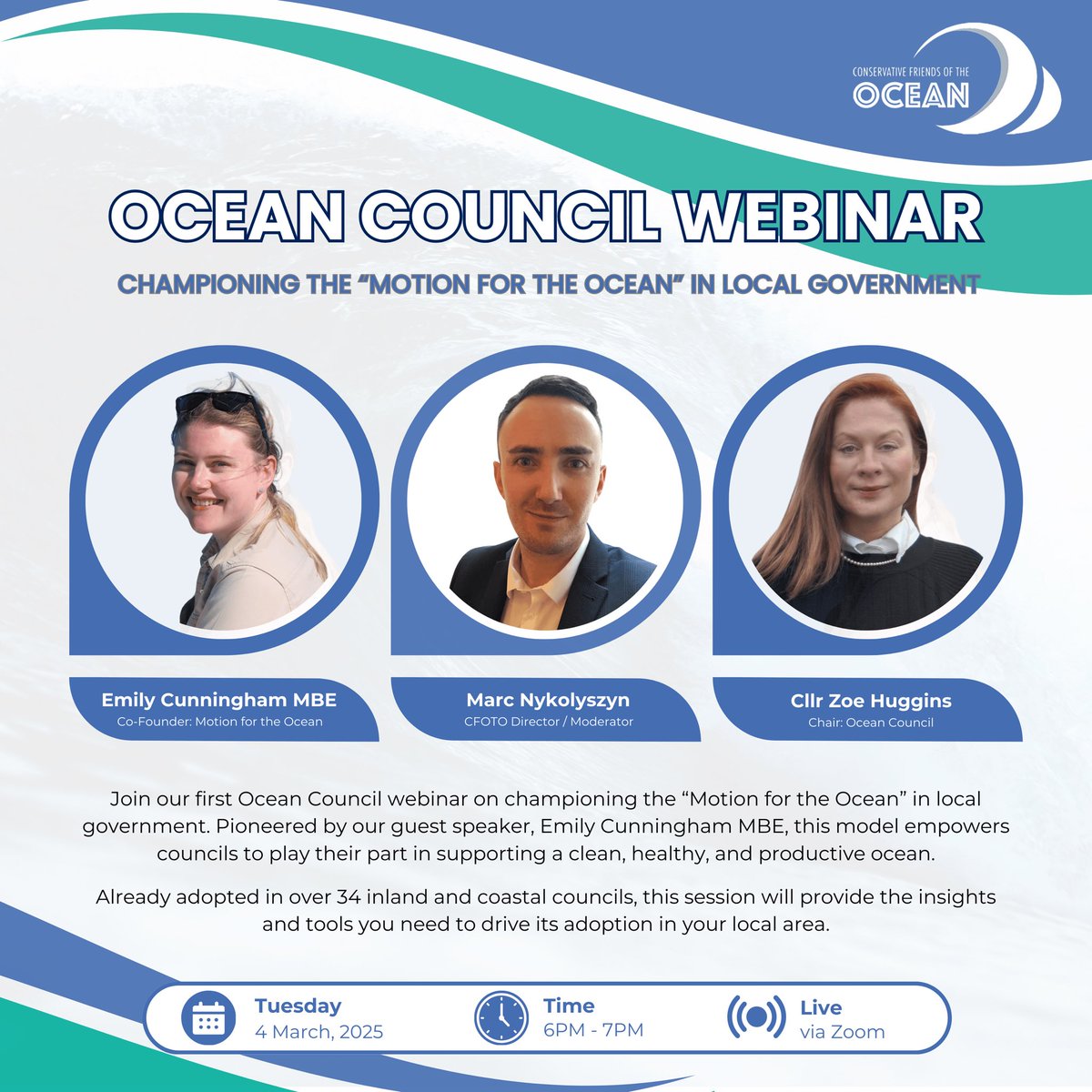 Conservative Friends Of The Ocean (@cfotocean) on Twitter photo Thank you to everyone who joined our first Ocean Council Webinar on the โMotion for the Oceanโ and the vital role of local government leadership! ๐
Special thanks to our speakers <a href="/EG_Cunningham/">Emily G Cunningham MBE</a>, <a href="/cllrzoehuggins/">Cllr.ZoeHuggins</a>, and <a href="/MarcNyko/">Marc Nykolyszyn</a> for sharing their insights and expertise ๐ Thank you to everyone who joined our first Ocean Council Webinar on the โMotion for the Oceanโ and the vital role of local government leadership! ๐
Special thanks to our speakers <a href="/EG_Cunningham/">Emily G Cunningham MBE</a>, <a href="/cllrzoehuggins/">Cllr.ZoeHuggins</a>, and <a href="/MarcNyko/">Marc Nykolyszyn</a> for sharing their insights and expertise ๐