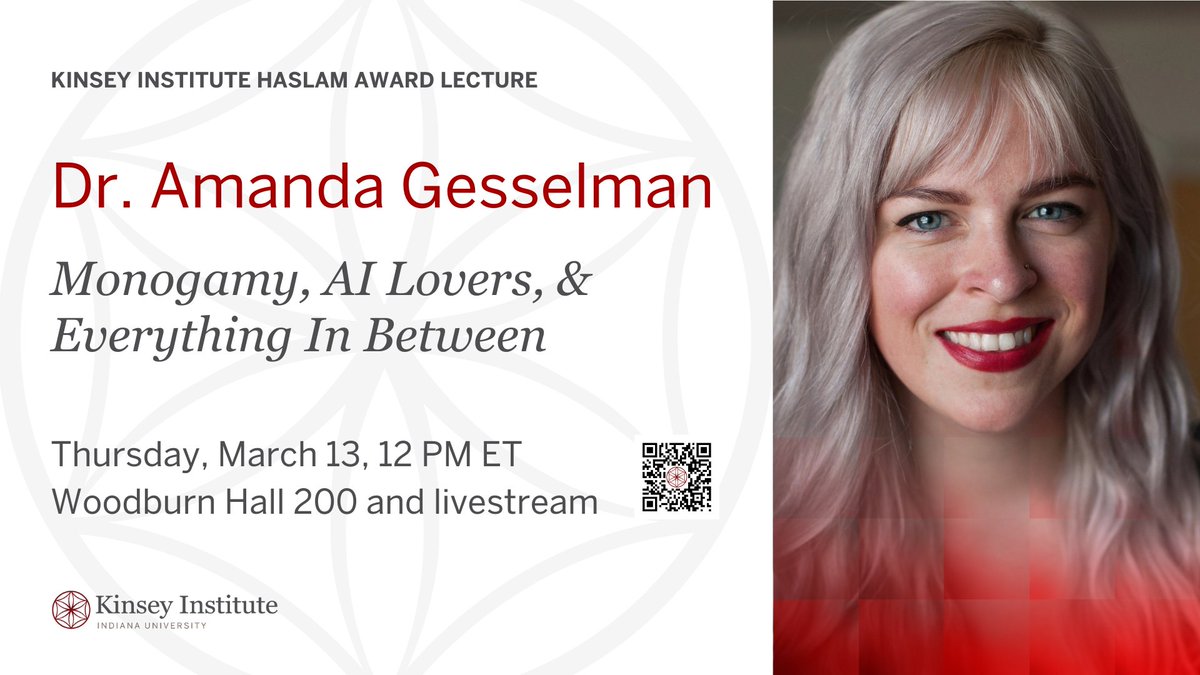 Kinsey Institute at IU (@kinseyinstitute) on Twitter photo 💔🤖 Monogamy? AI lovers? The future of relationships isn’t what you think.
Join <a href="/angesselman/">Dr. Amanda Gesselman</a> on Mar 13 at 12pm ET as she unpacks how connections are evolving in unexpected ways & what her research says about the future of relationships.
🗓️ Register at knsy.in/2025haslam 💔🤖 Monogamy? AI lovers? The future of relationships isn’t what you think.
Join <a href="/angesselman/">Dr. Amanda Gesselman</a> on Mar 13 at 12pm ET as she unpacks how connections are evolving in unexpected ways & what her research says about the future of relationships.
🗓️ Register at knsy.in/2025haslam