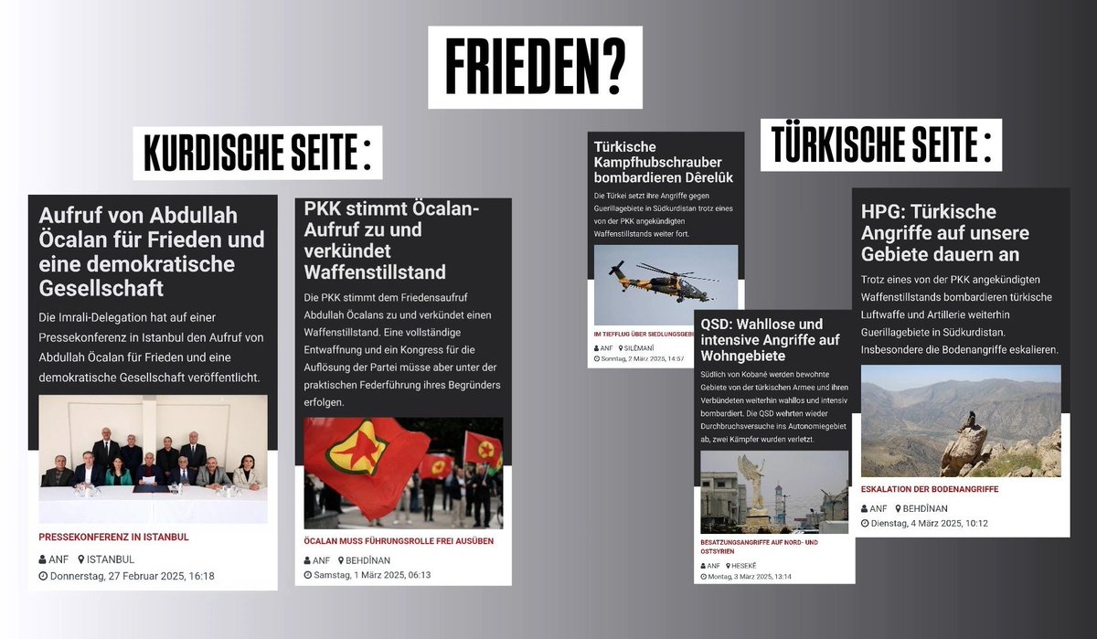 Frieden?
Nachdem die kurdische Seite mit dem Aufruf von Abdullah #Öcalan, für eine friedliche Lösung der kurdischen Frage und der Ausrufung von einem Waffenstillstand der #PKK , setzt der türkische Staat weiterhin auf Krieg und völkerrechtswidrige Angriffe in #Kurdistan.