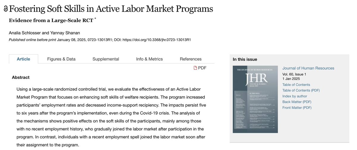 Soft skills training isn’t just a buzzword—it can shape careers. A large-scale RCT by Analia Schlosser and Yannay Shanan finds that job programs focusing on communication and teamwork improve long-term employability, especially in service-based industries.
doi.org/10.3368/jhr.07…