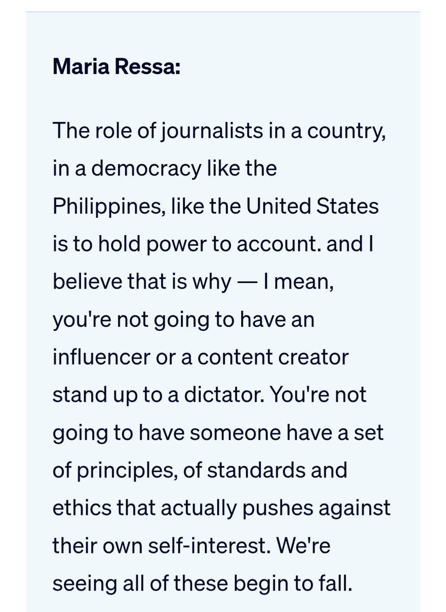 javisalas's tweet photo. Imprescindible esta entrevista a la Nobel de la Paz @mariaressa sobre el papel del periodismo frente a estos nuevos gobiernos autoritarios:
"No vas a tener a un influencer o un creador de contenido enfrentándose a un dictador"
https://t.co/yXXdk8uBPE https://t.co/f67uxmlQ42