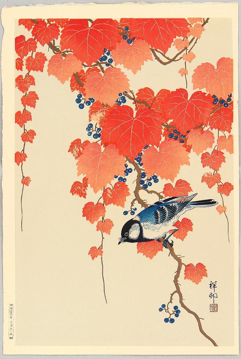 JapanTraCul's tweet photo. Bird and Red Ivy, by Ohara Koson, ca. 1930 https://t.co/AYU0Wvj8l1