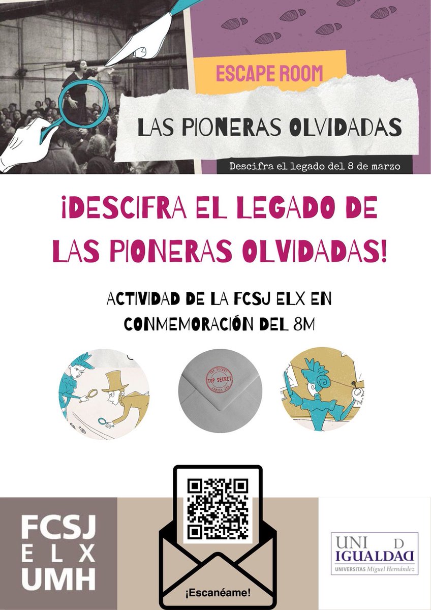 Facultad Ciencias Sociales y Jurídicas Elche UMH (@csjelxumh) on Twitter photo 🔎 ¿Te atreves a descifrar el legado de las pioneras olvidadas? Participa en el escape room interactivo por el #8M de la <a href="/csjelxumh/">Facultad Ciencias Sociales y Jurídicas Elche UMH</a> . Escanea el QR y descubre su historia. #DíaDeLaMujer #Igualdad 💜 🔎 ¿Te atreves a descifrar el legado de las pioneras olvidadas? Participa en el escape room interactivo por el #8M de la <a href="/csjelxumh/">Facultad Ciencias Sociales y Jurídicas Elche UMH</a> . Escanea el QR y descubre su historia. #DíaDeLaMujer #Igualdad 💜