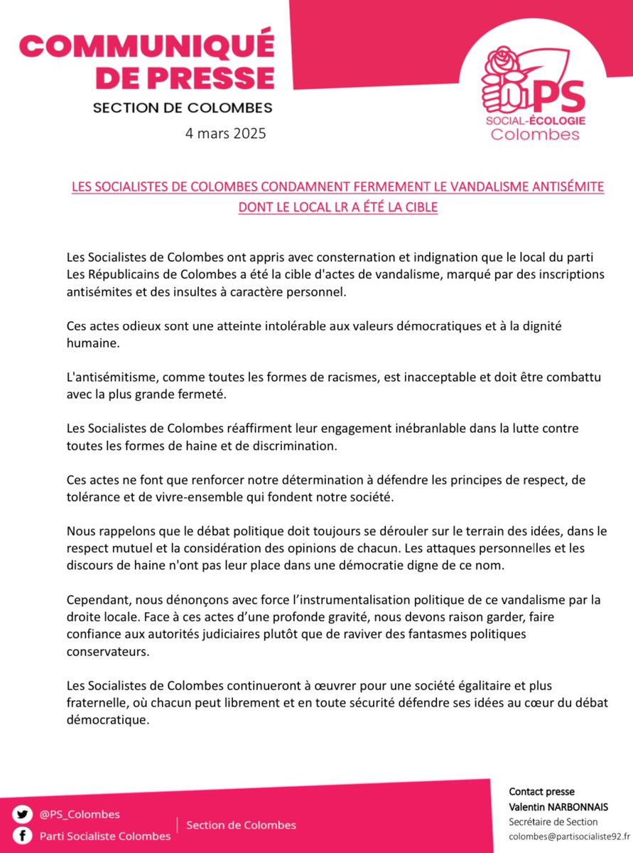 🔴 Réaction des #SocialistesDeColombes à la suite de l'acte de vandalisme du local du parti Les Républicains à #Colombes ⤵️